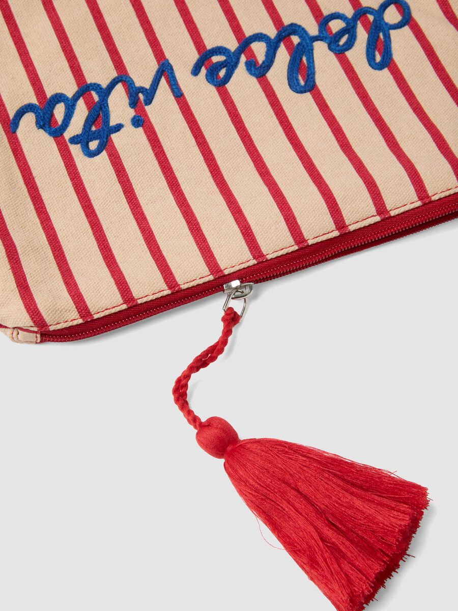 Beige pure cotton pouch with red stripes, tassel and zip_2