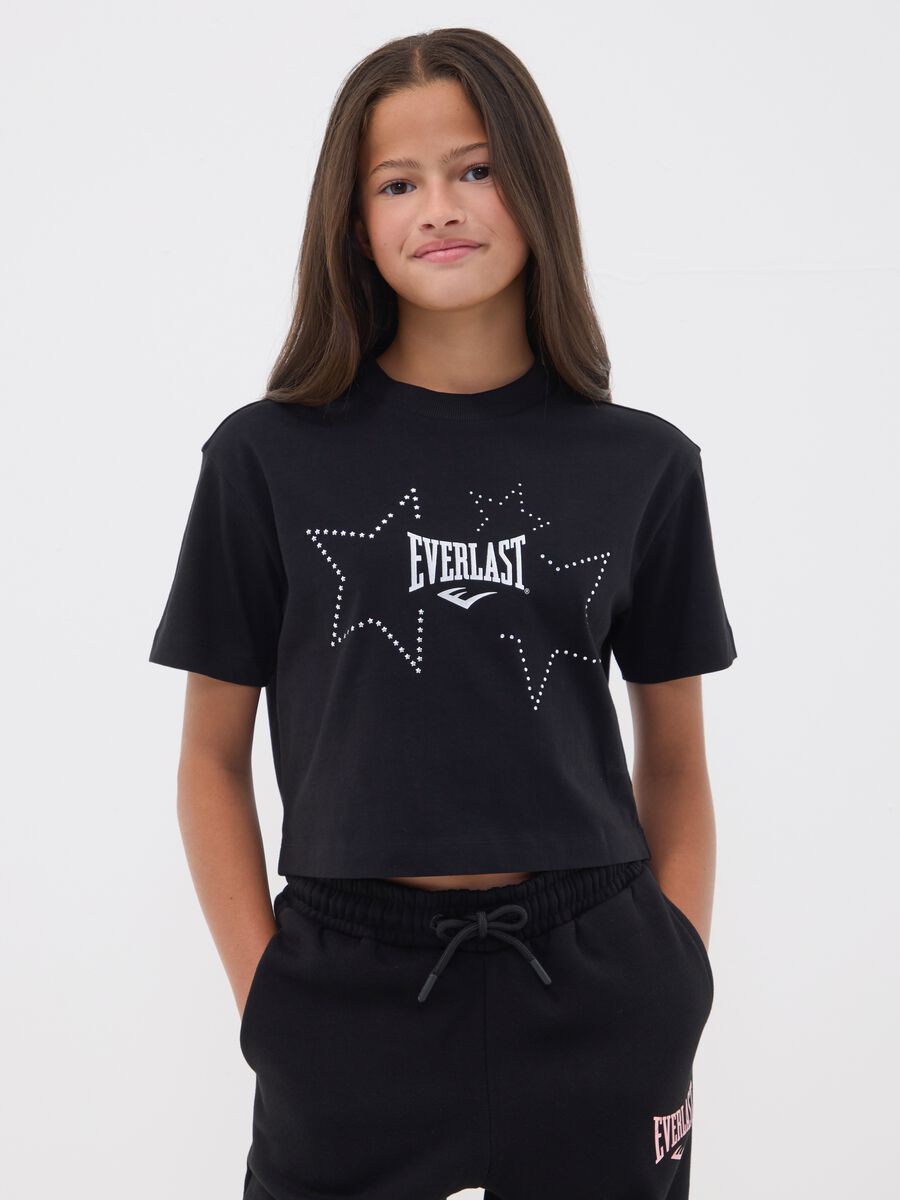 Girls&rsquo; cropped black pure cotton T-shirt with embellished stars_0