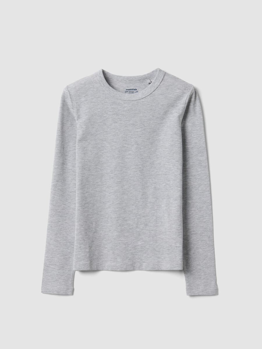 T-shirt grigia in cotone organico e viscosa elasticizzato con collo a costine per ragazza_0