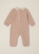 Pink knitted baby romper with floral collar_1