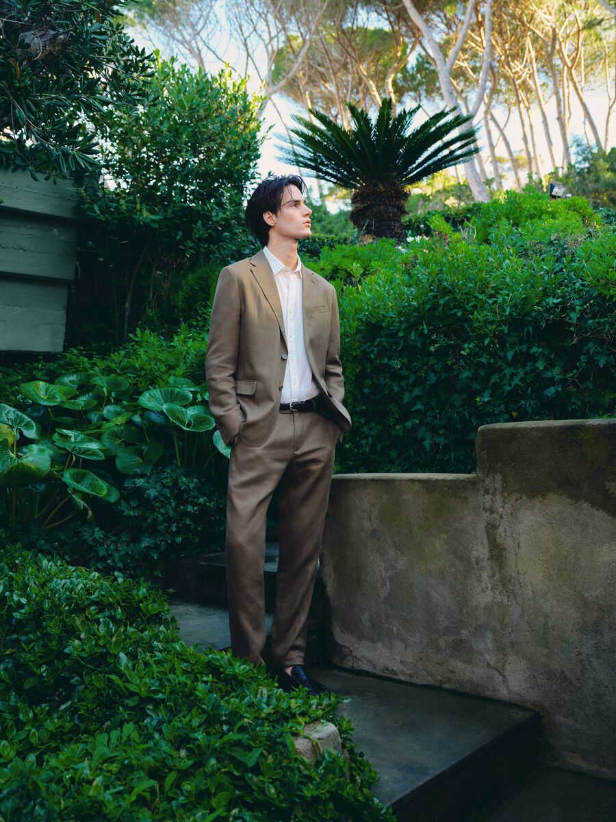 Pantaloni in puro lino marrone regular fit_0