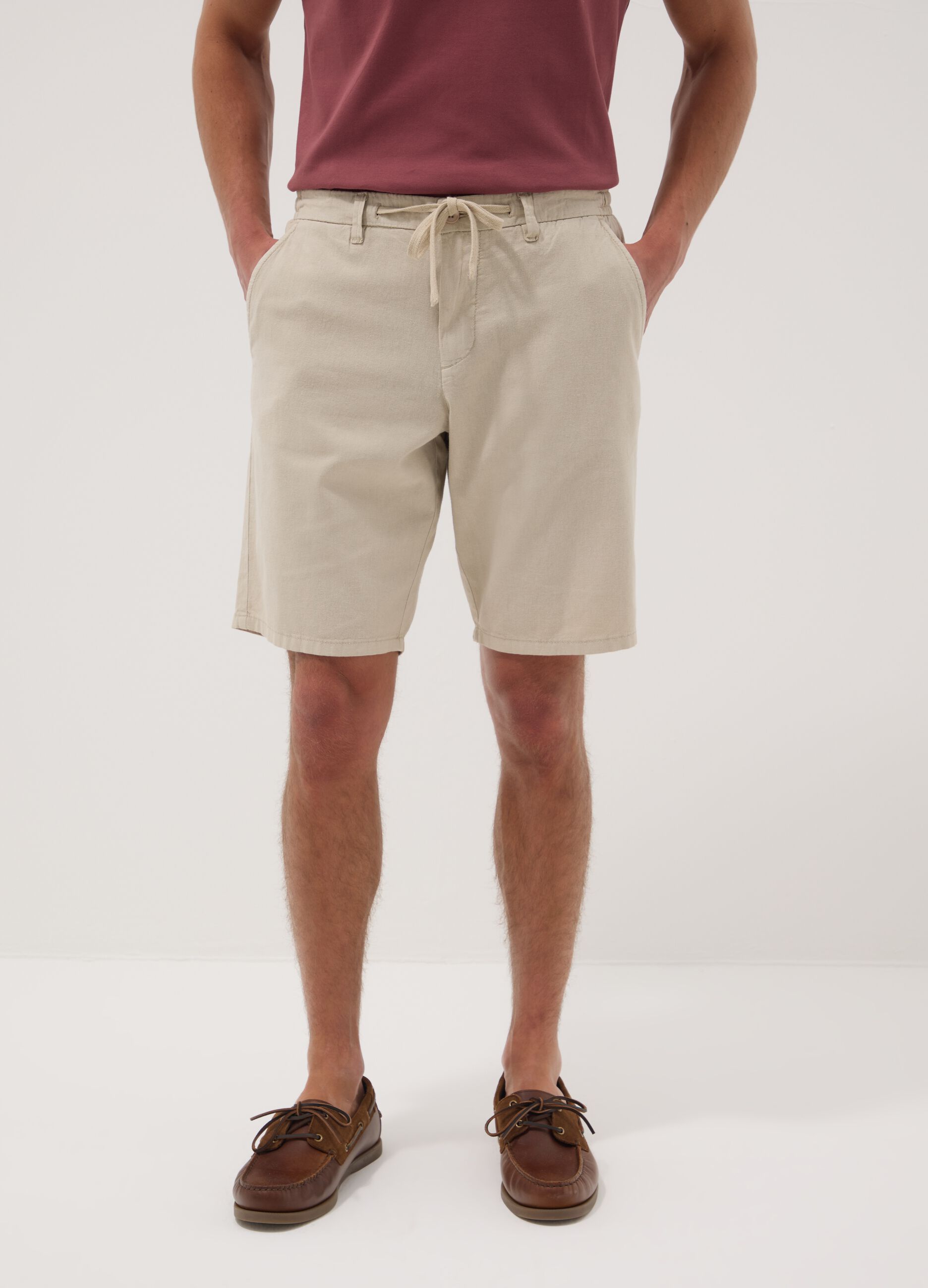 Beige linen and cotton blend chino shorts
