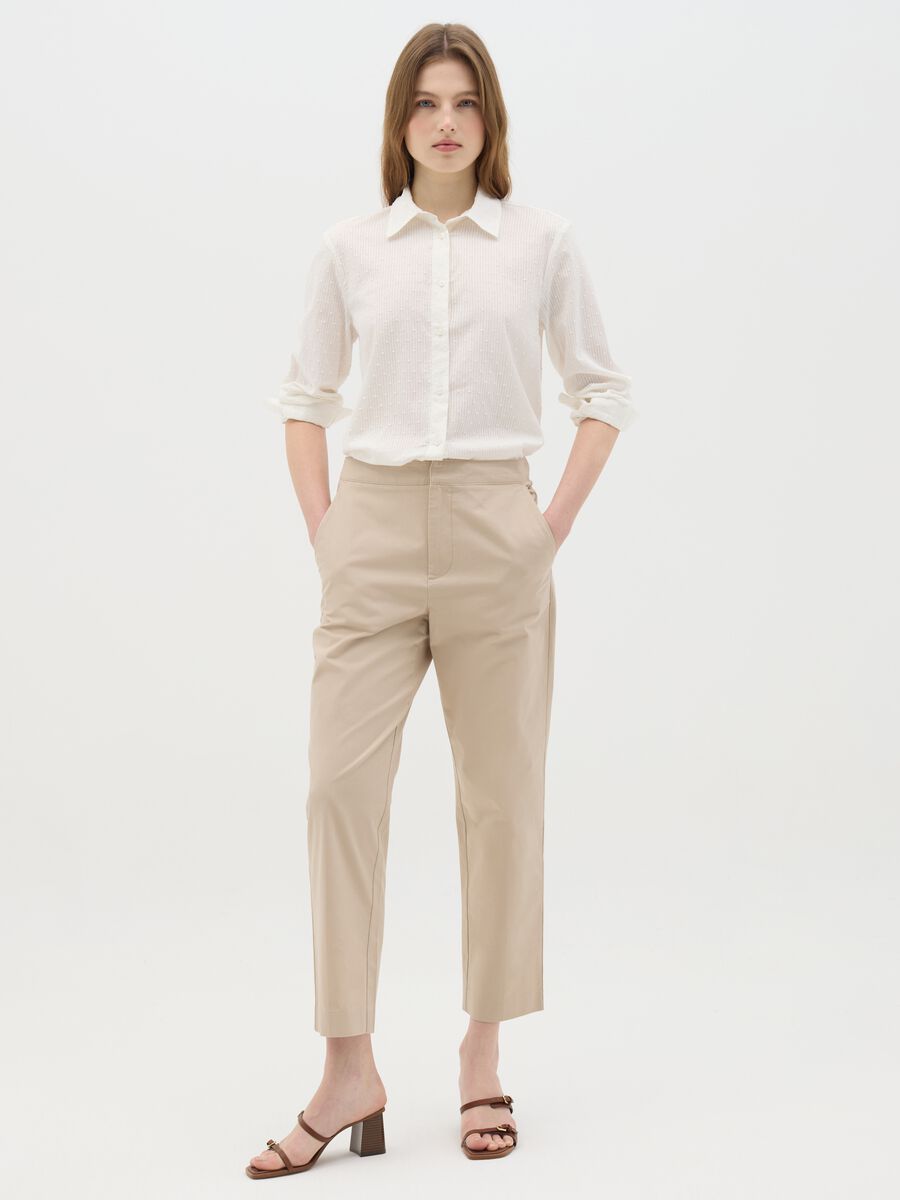 Women's beige regular fit pure cotton trousers with high waist_0