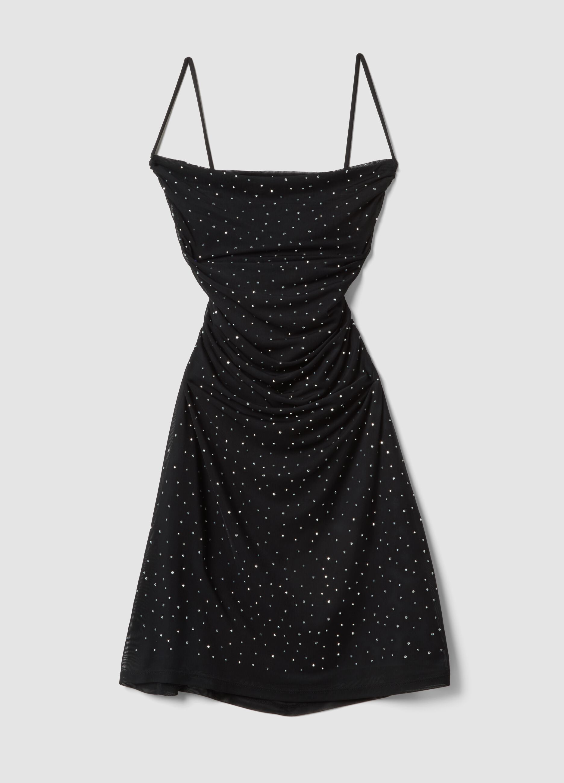 Black mini dress in stretch fabric with rhinestones