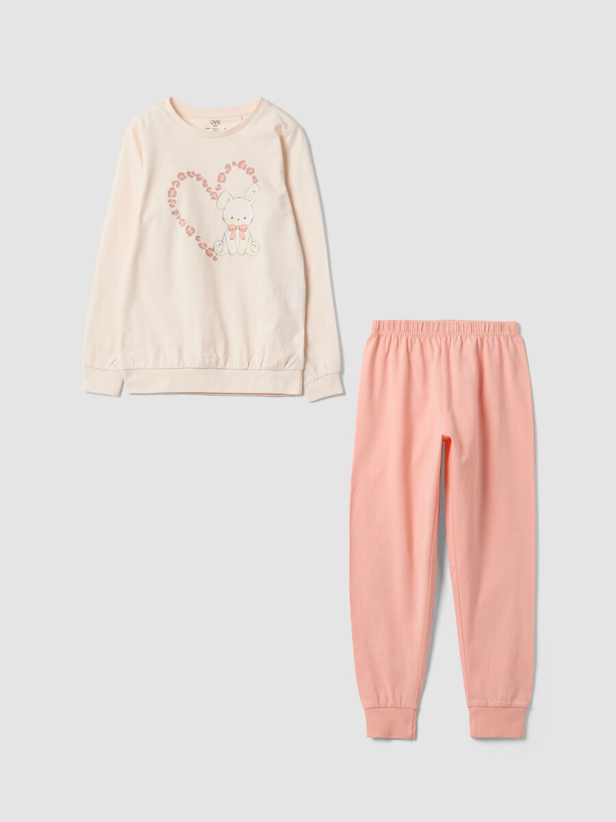 Pigiama rosa in puro cotone organico con stampa coniglietto per bambina_0