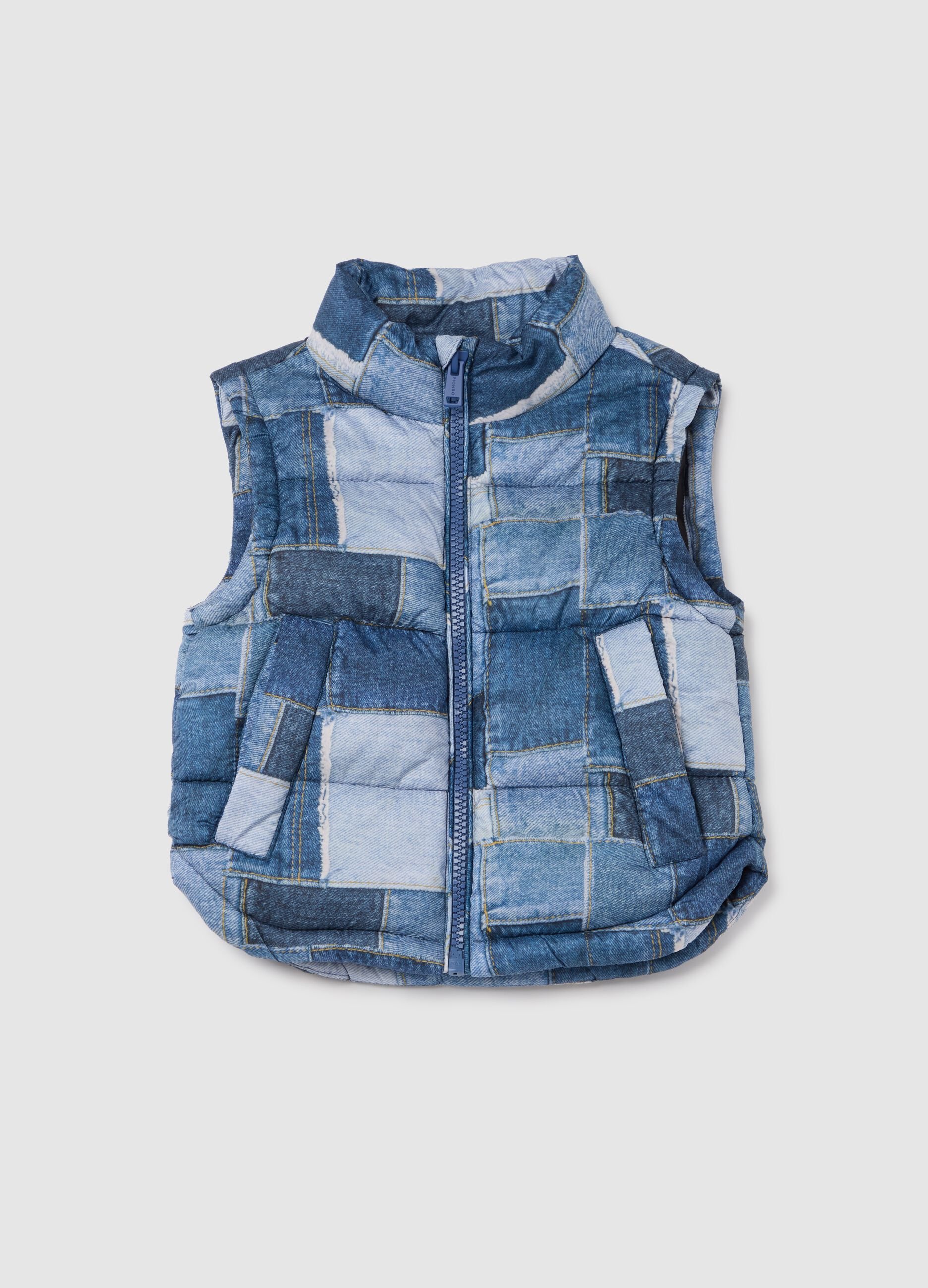Padded gilet with denim-effect print