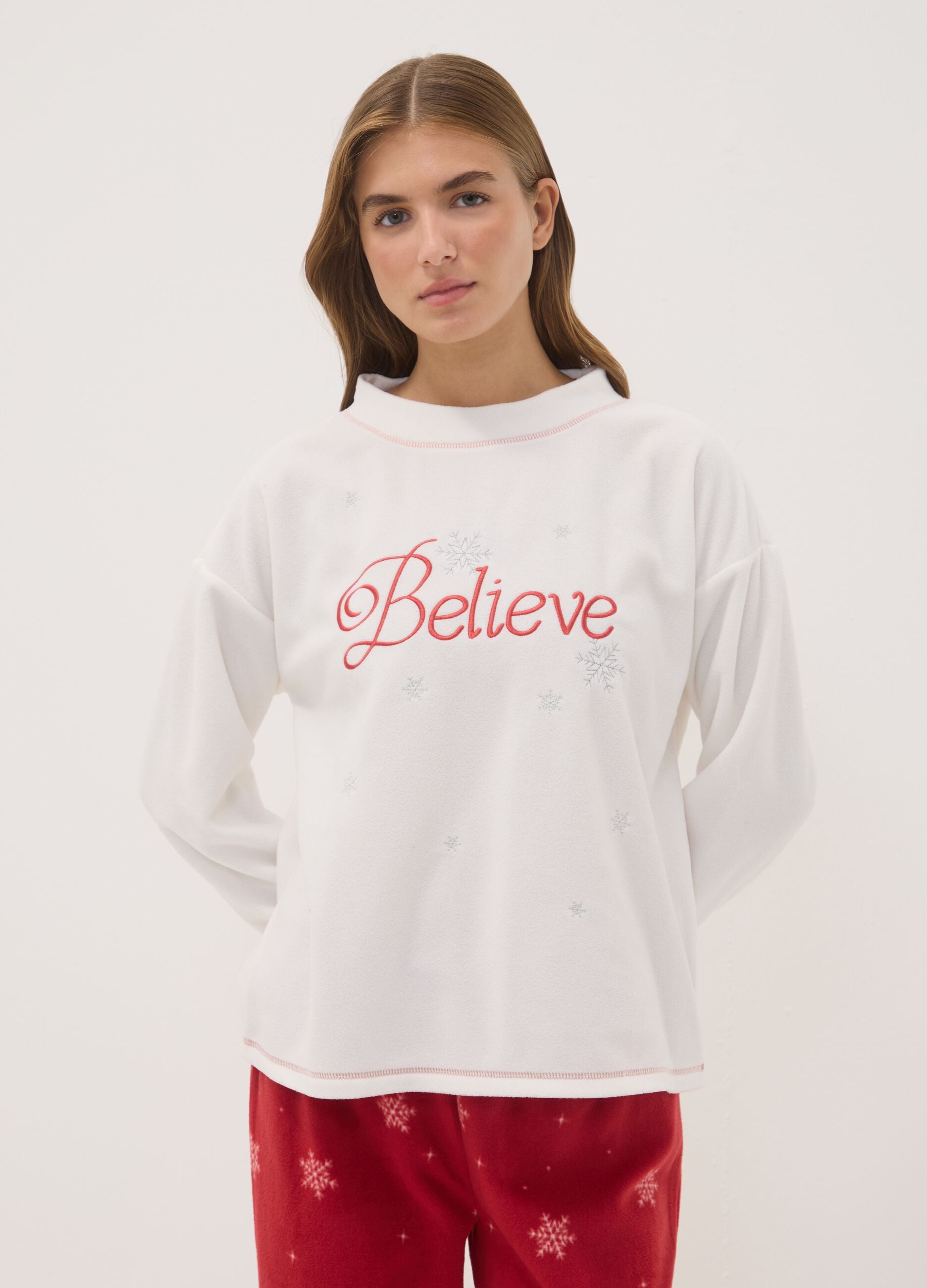White fleece crew-neck regular-fit printed pyjamas