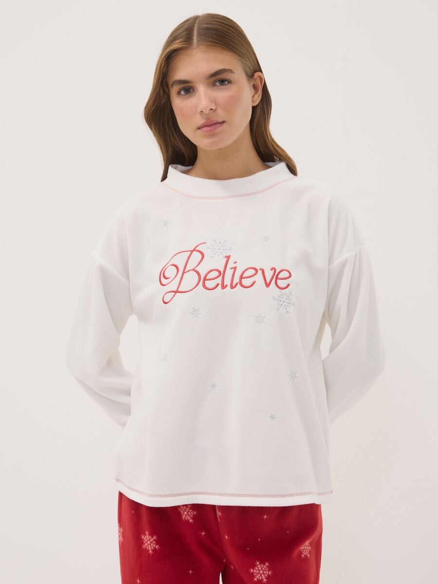 Pigiama bianco in pile girocollo regular fit con stampe_1