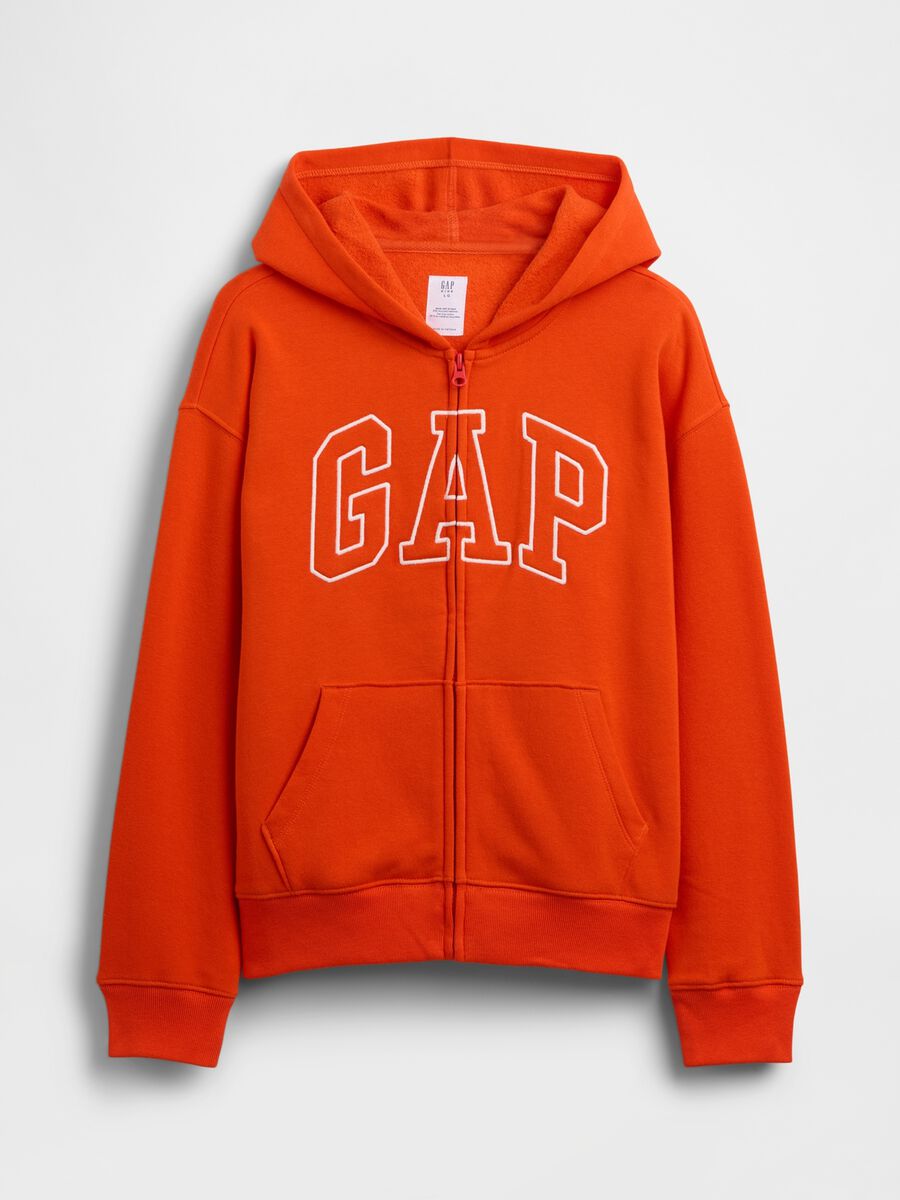 Felpa in misto cotone arancione da bambino con logo, zip e cappuccio_3