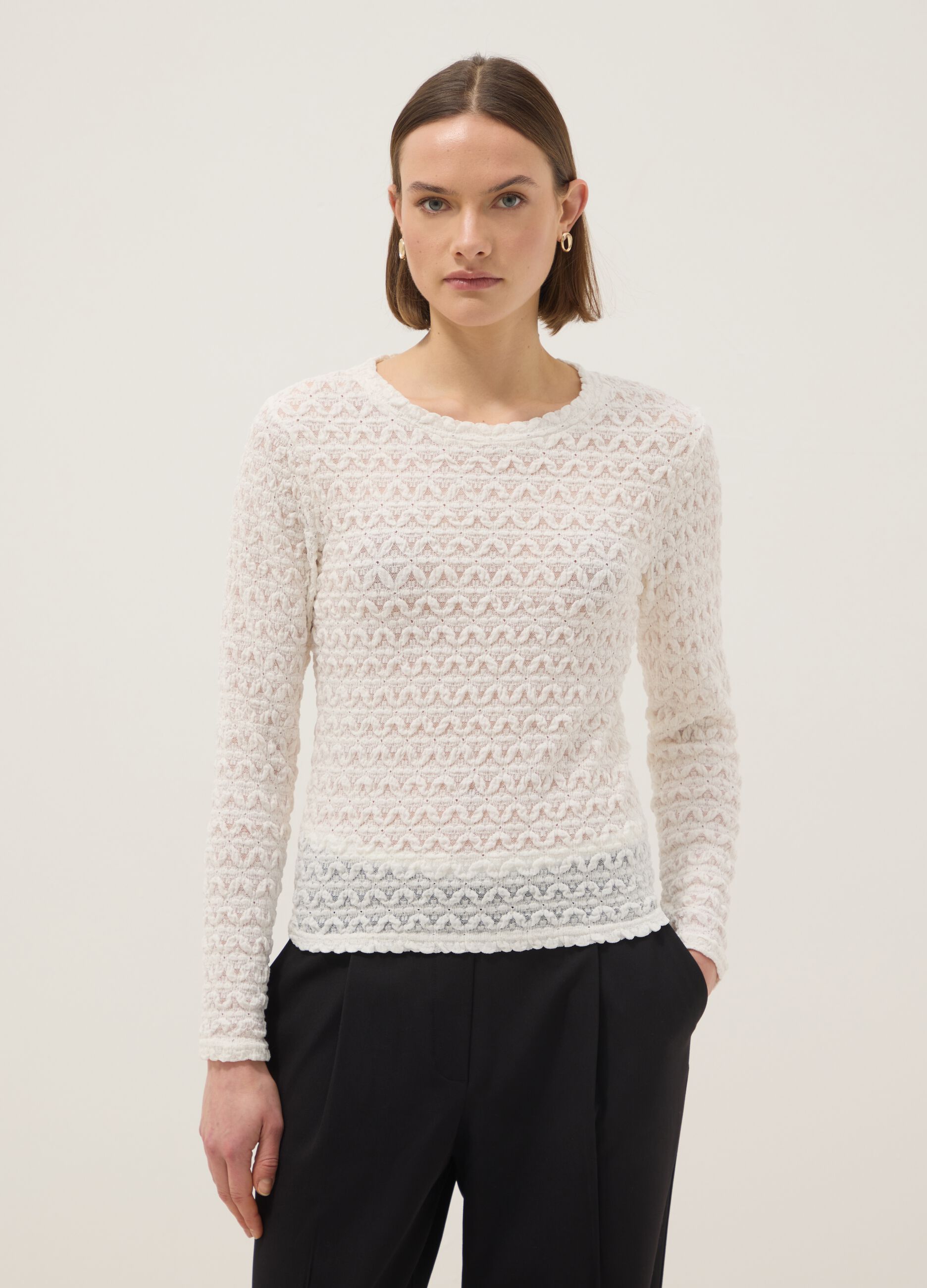 White cotton viscose blend knitted sweater with regular fit