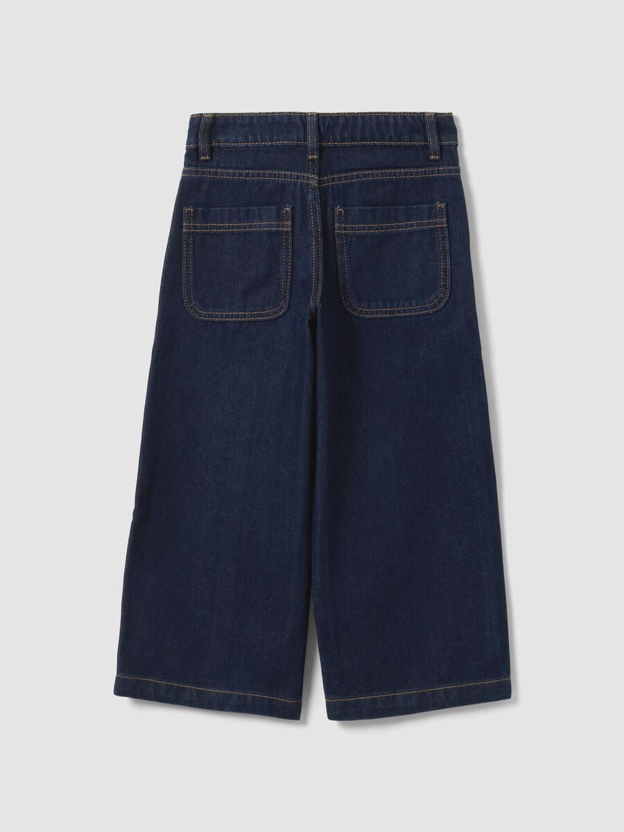 Blue straight-leg pure cotton jeans with floral embroidery for girls_1