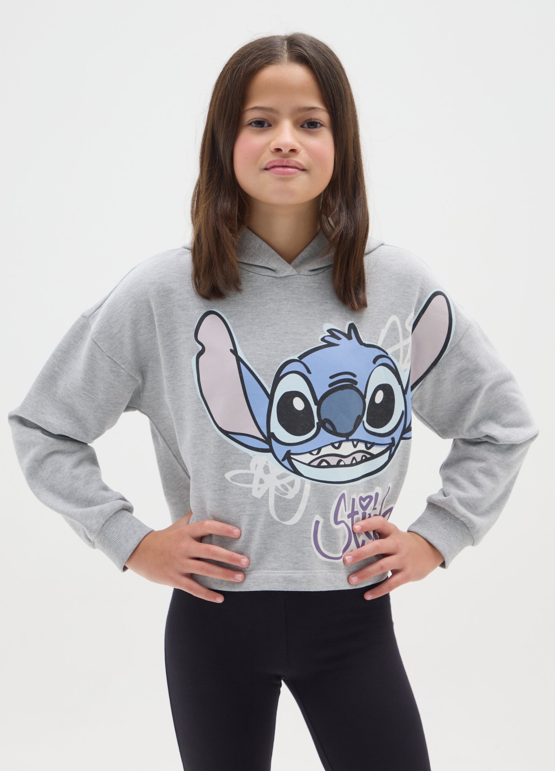Girls' grey regular fit cotton blend sweatshirt with Stitch