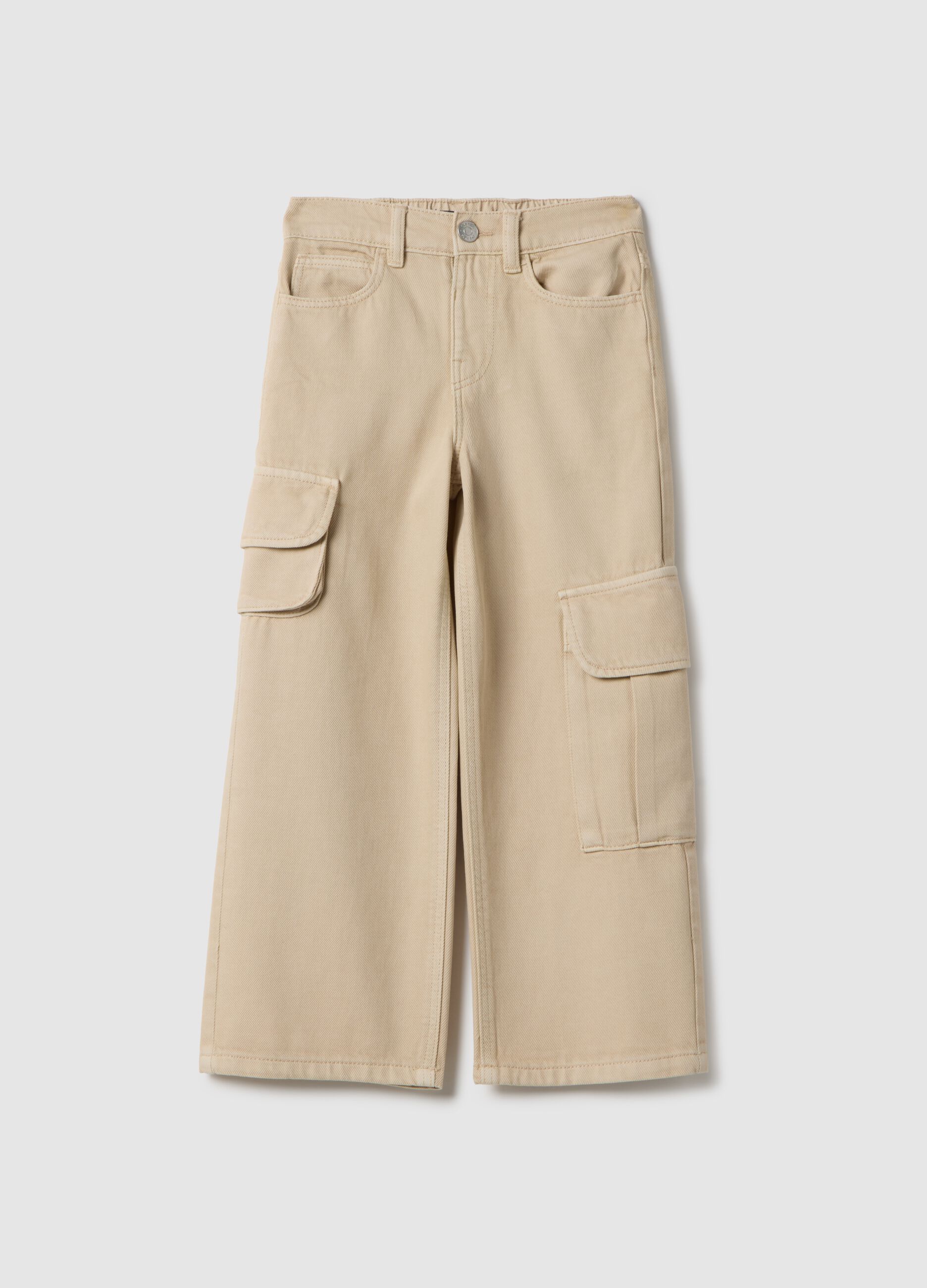 Girls' beige pure cotton cargo trousers regular fit
