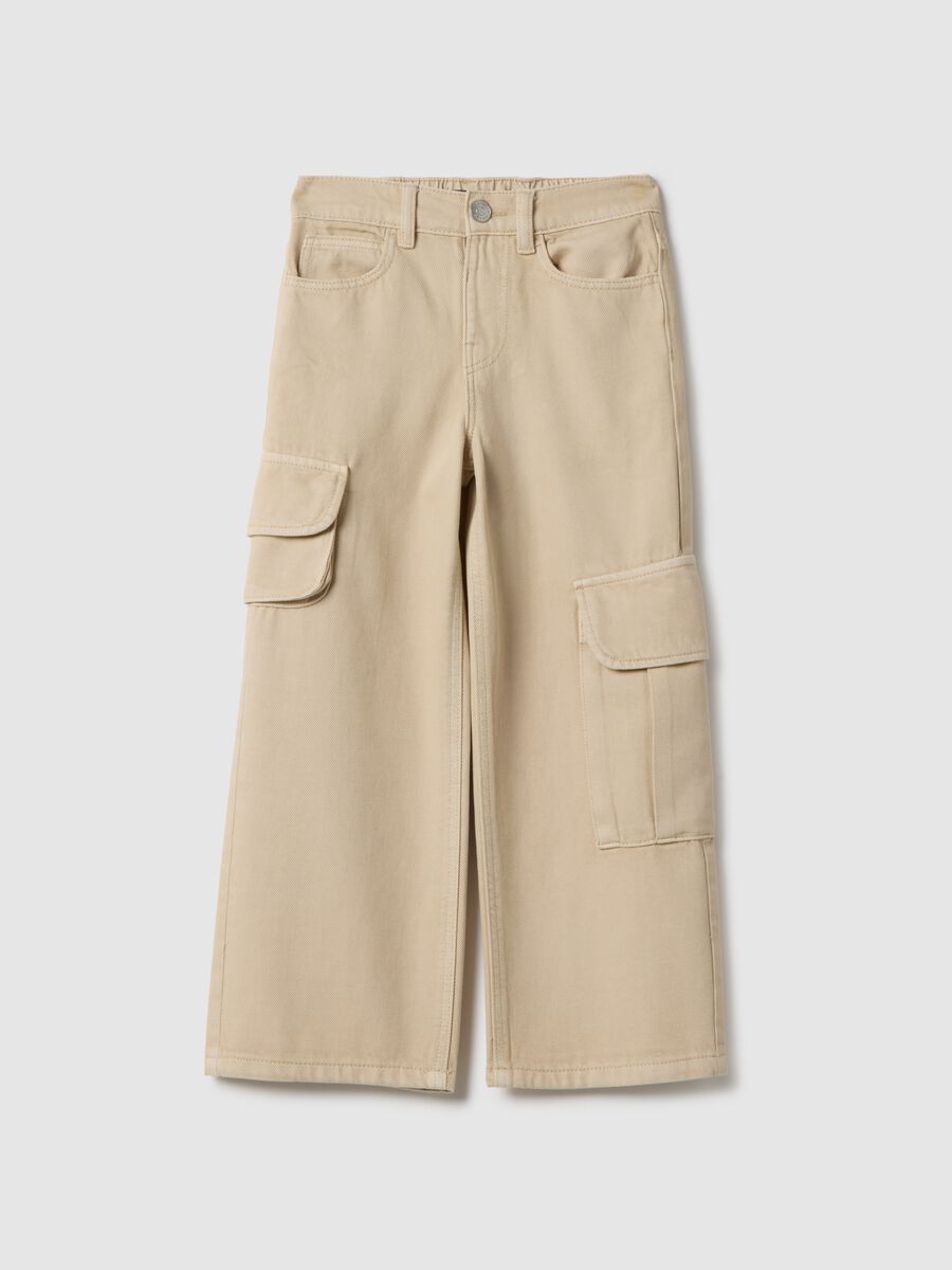 Girls' beige pure cotton cargo trousers regular fit_0