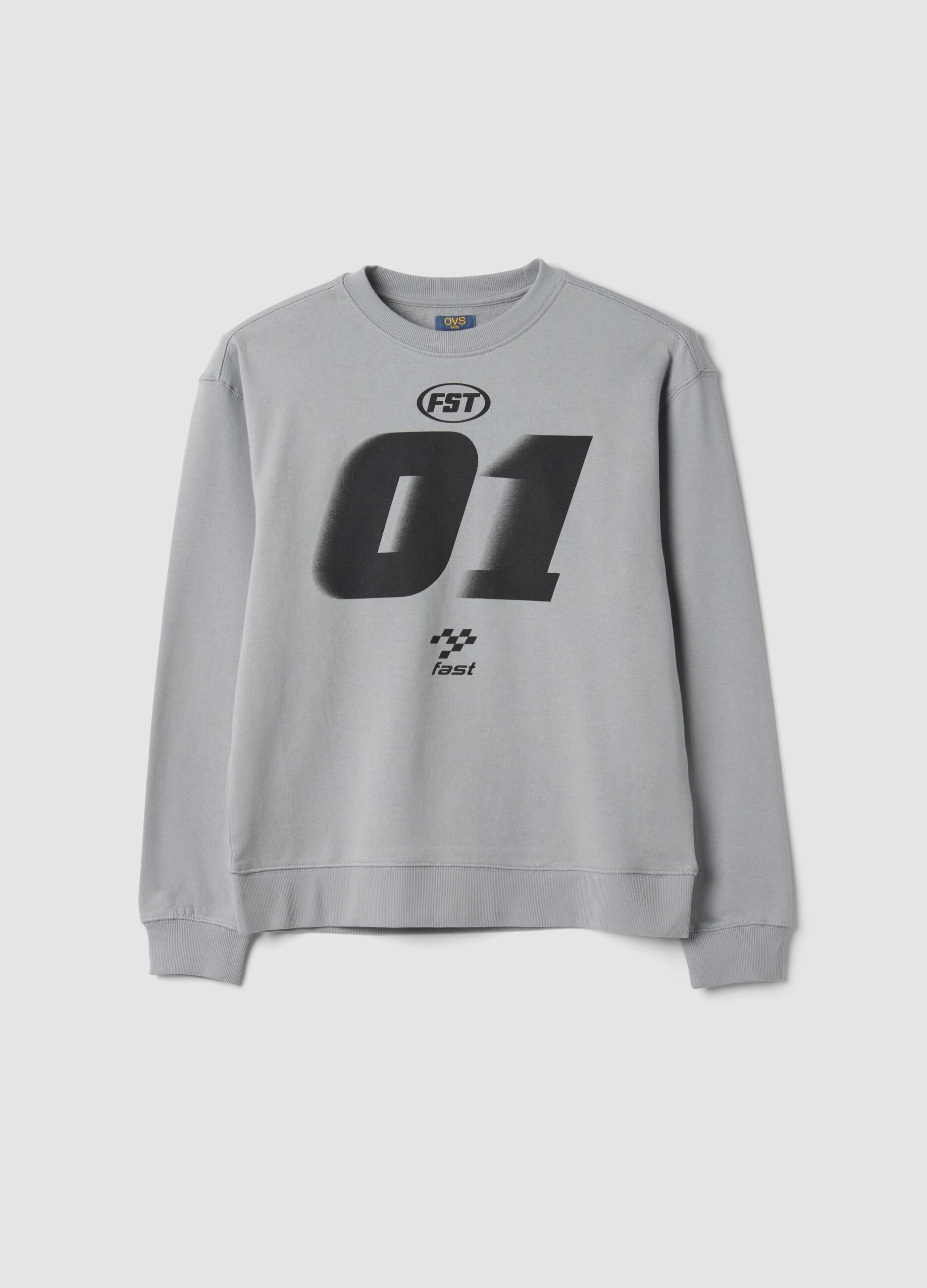 Felpa grigia girocollo in puro cotone organico a tema racing relaxed fit