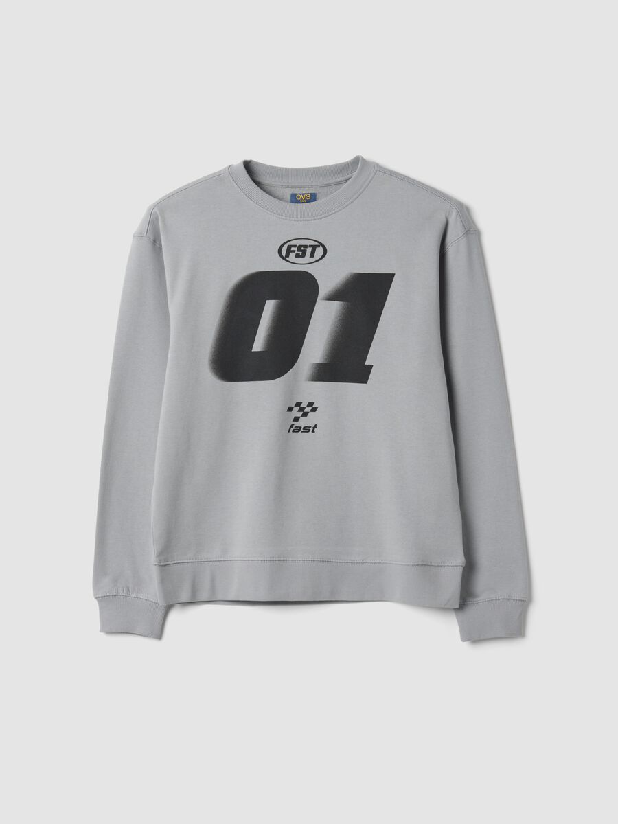 Felpa grigia girocollo in puro cotone organico a tema racing relaxed fit_0