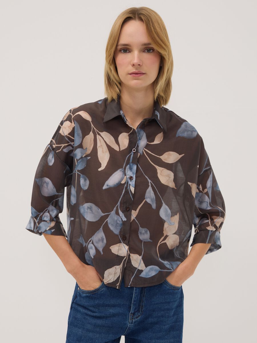 Brown lyocell-blend regular-fit shirt with foliage print_0