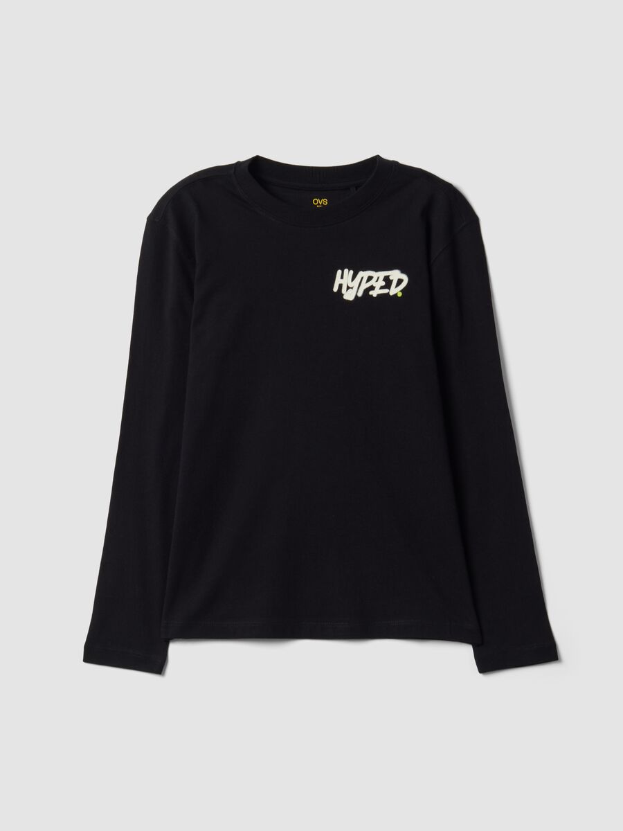 T-shirt nera in puro cotone organico con stampa "Hyped" per ragazzo_0