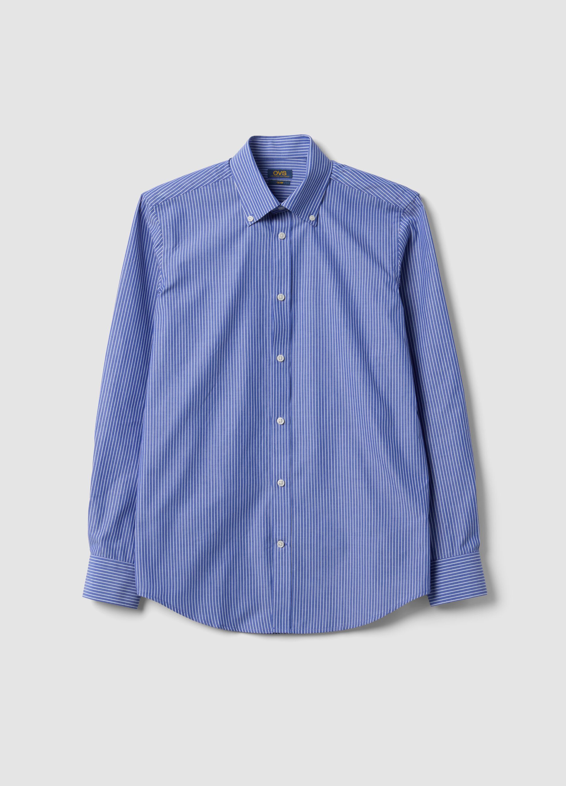 Blue cotton-blend button-down collar shirt, slim fit, easy iron