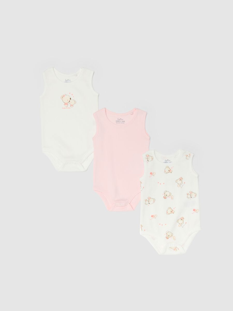 Tripack body senza maniche in puro cotone multicolor da neonata_0