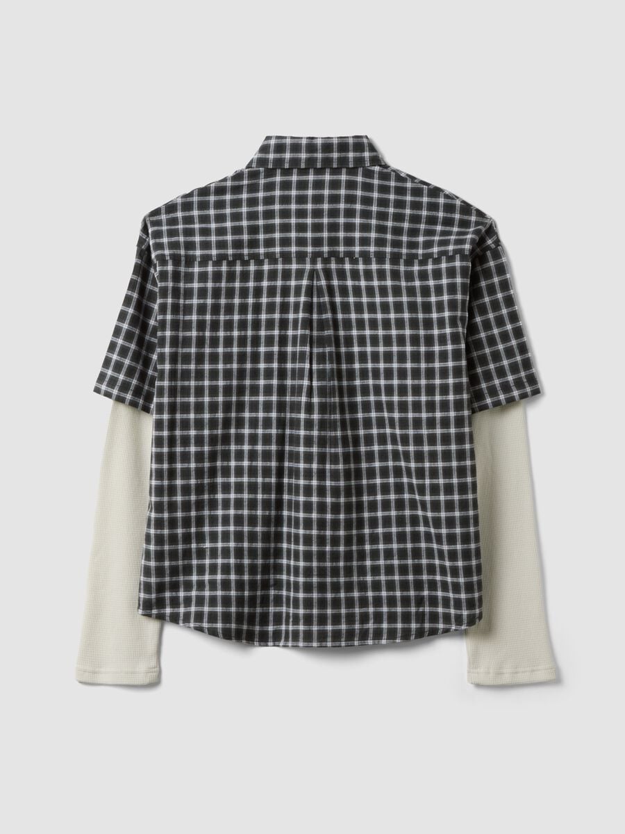 Camicia double layer nera a quadri in popeline di puro cotone over fit_2