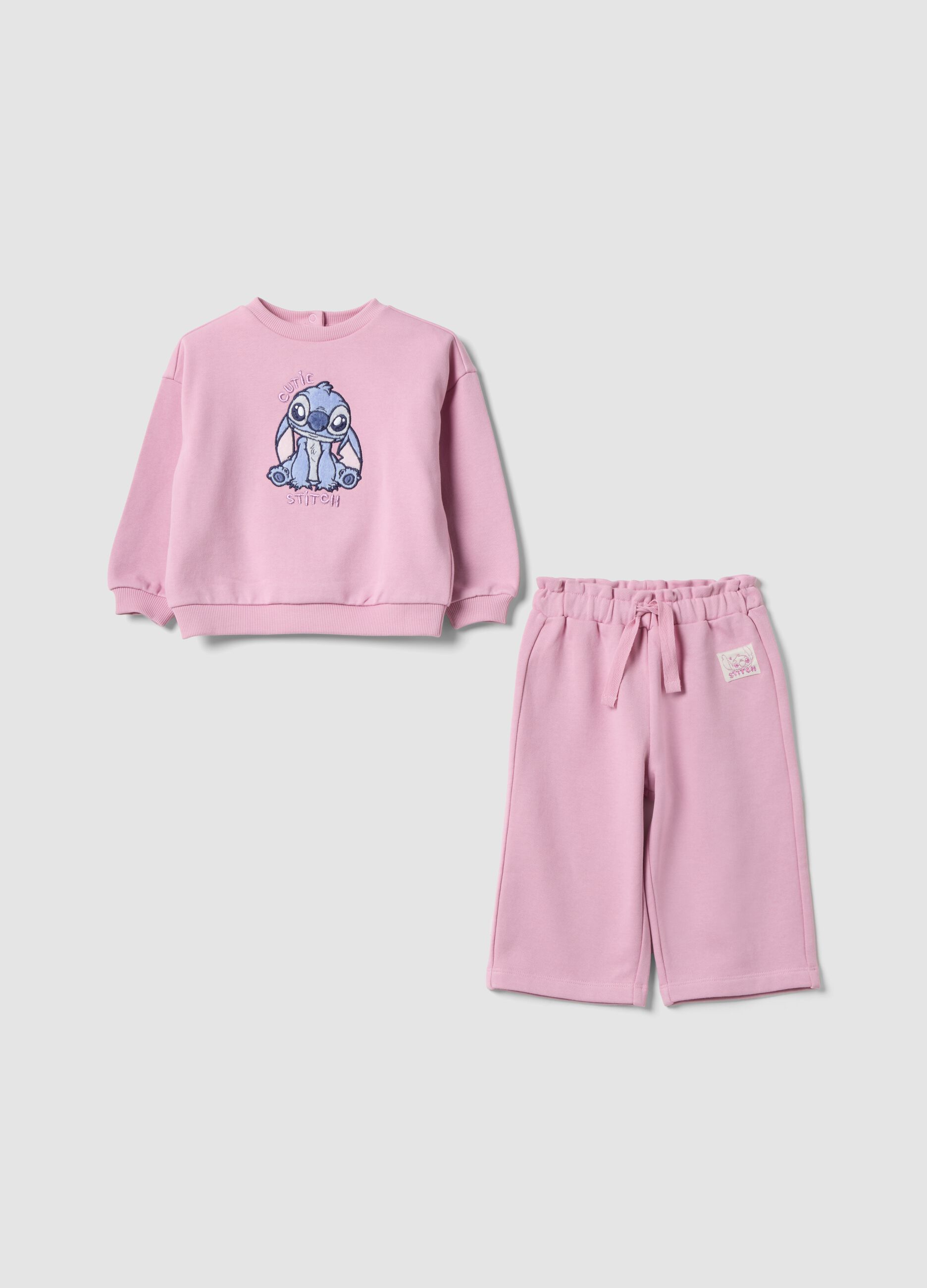 Pink pure cotton tracksuit with Lilo & Stitch embroidery for girls