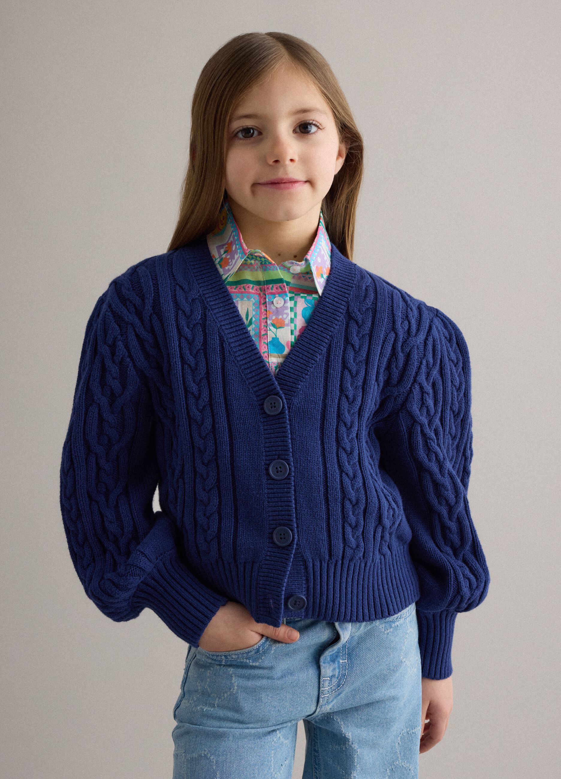 Girls' regular fit deep V blue pure cotton braided cardigan