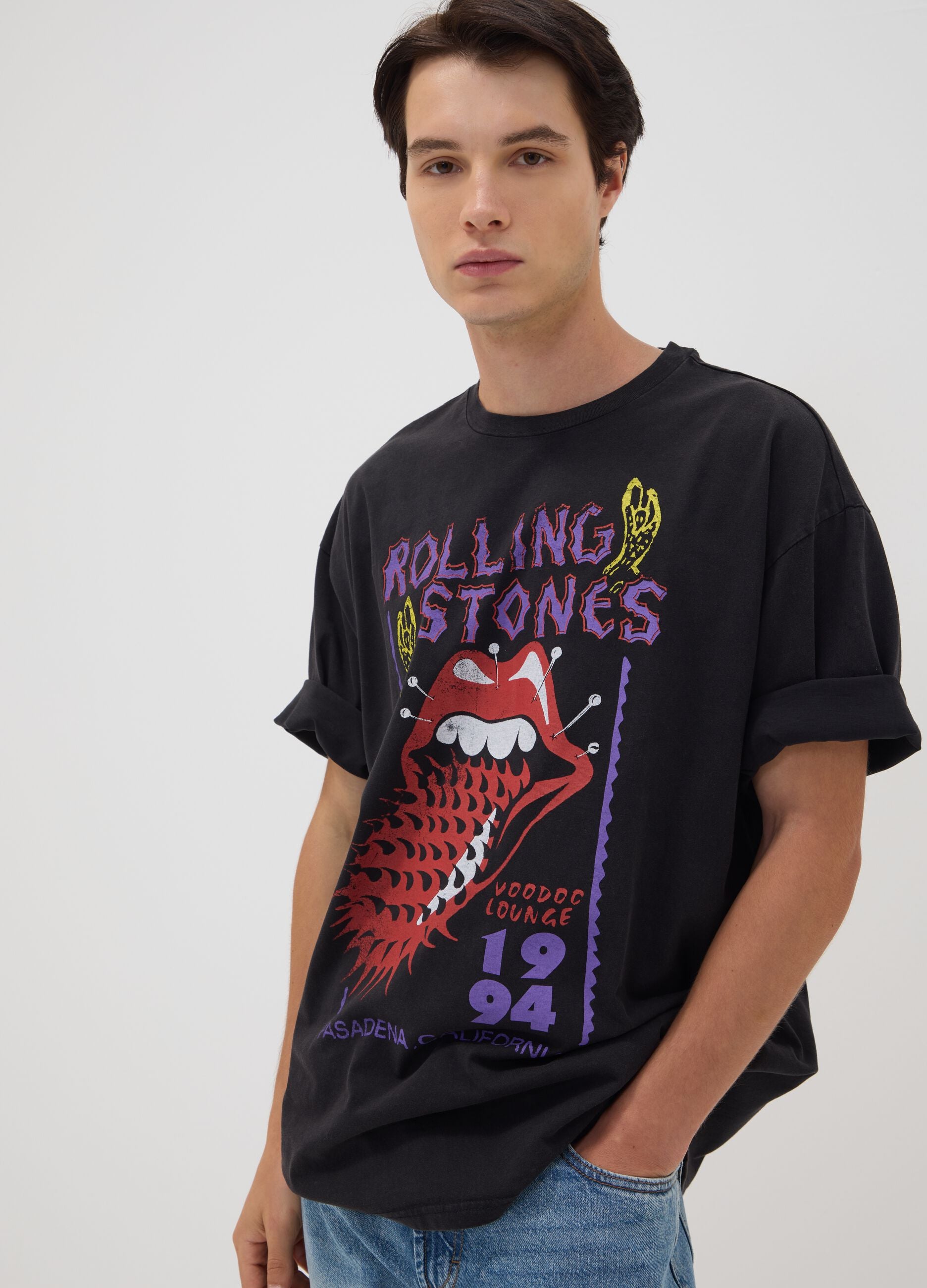 Black pure cotton T-shirt with Rolling Stones print