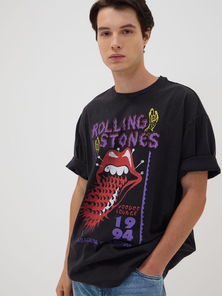 Black pure cotton T-shirt with Rolling Stones print_0