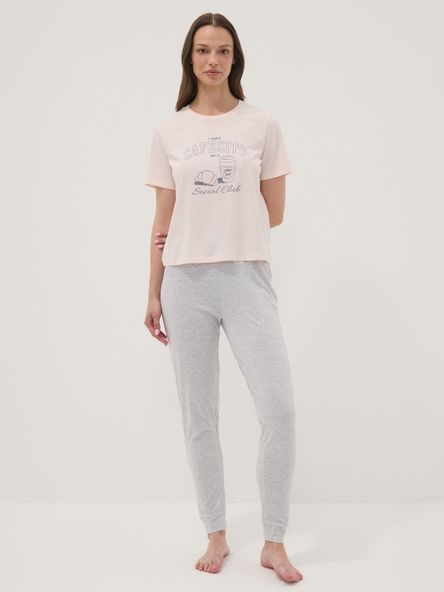 Pigiama rosa in puro cotone organico con pantaloni grigi regular fit_0