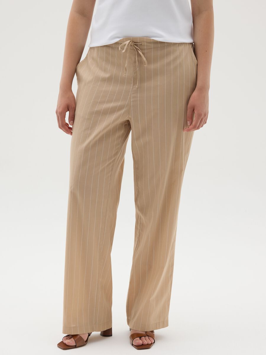Women's beige pure cotton wide leg trousers_1