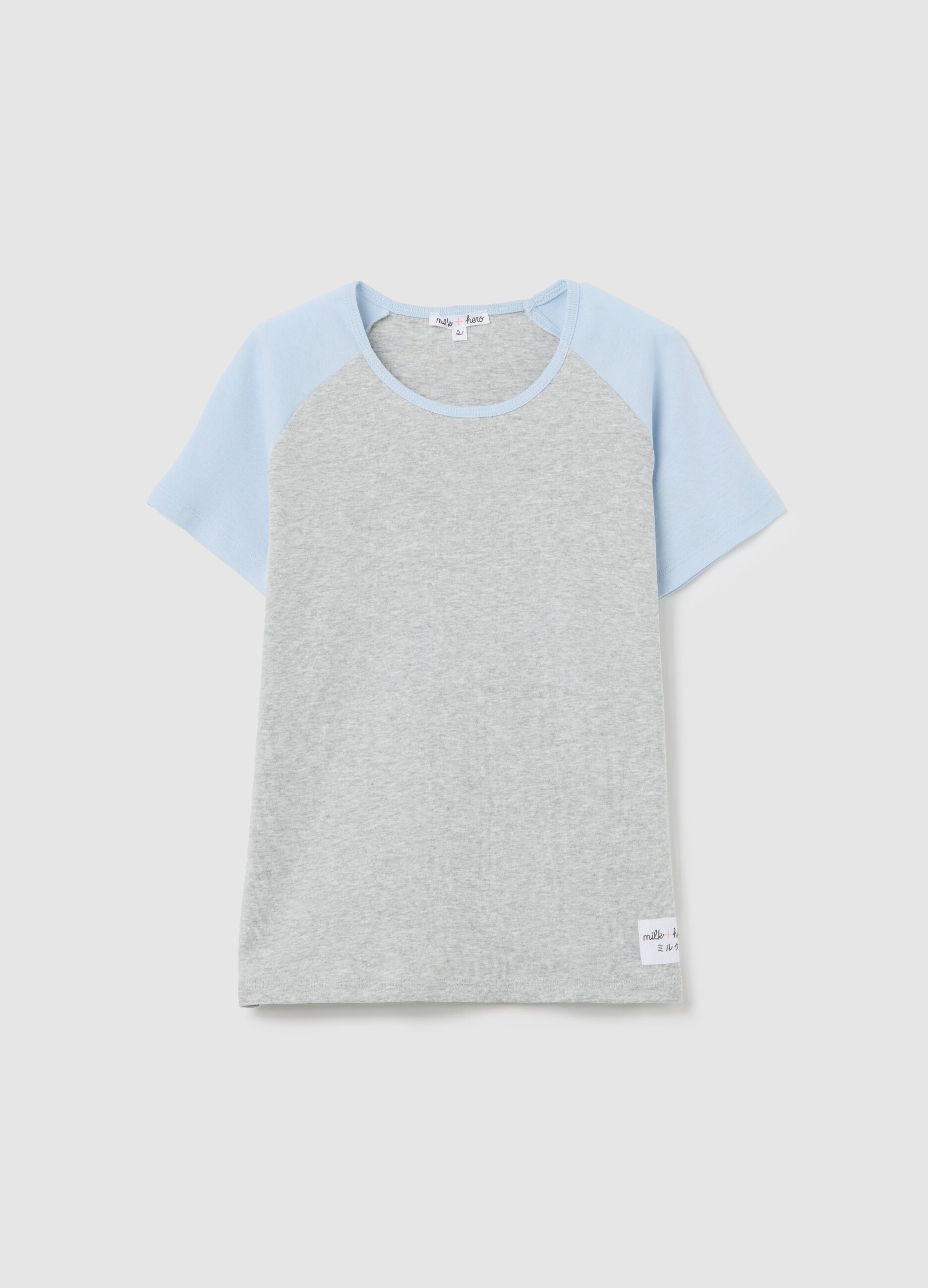 Grey T-shirt with light blue raglan sleeves