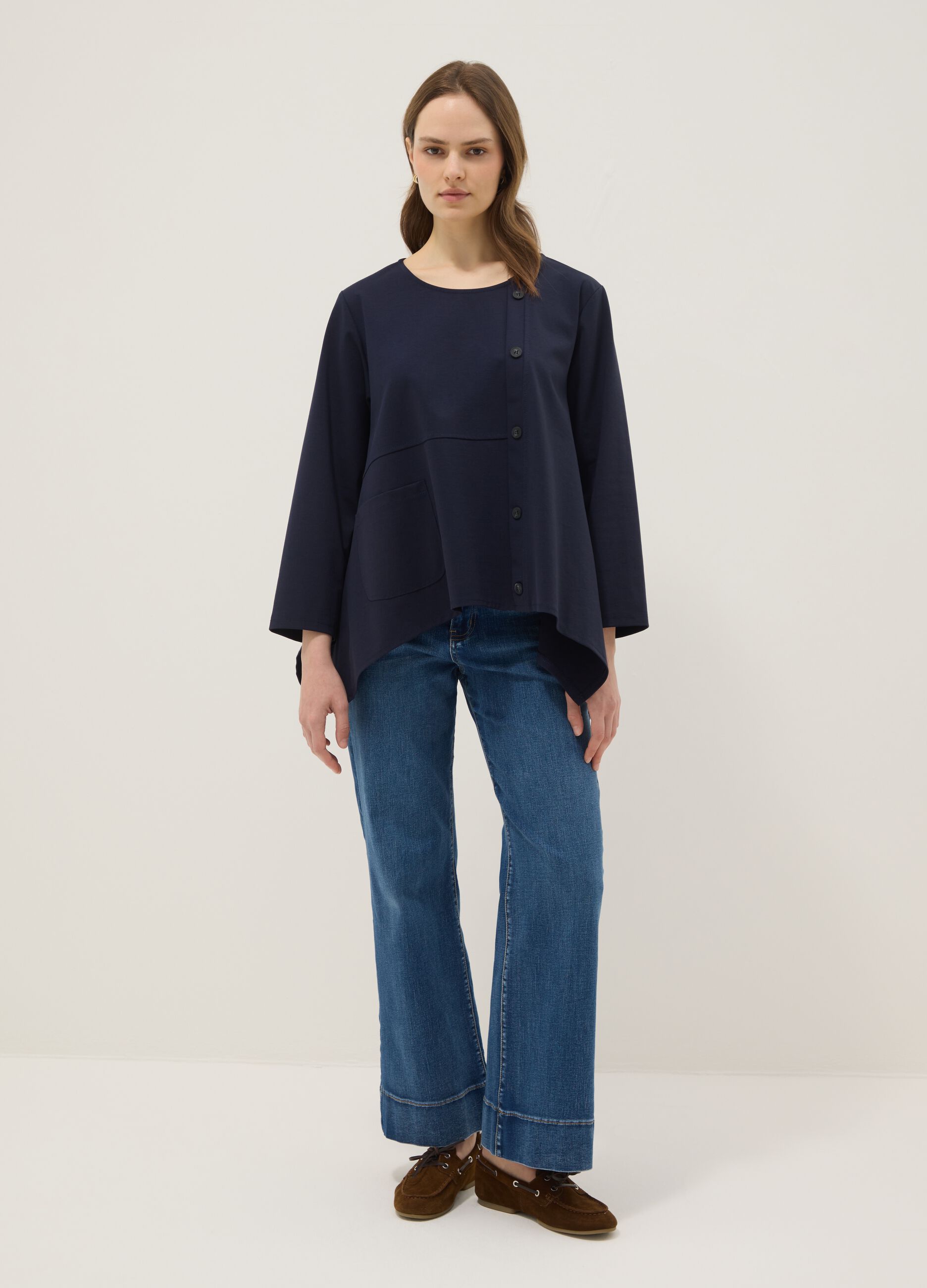 Blue stretch-cotton button-up blouse, regular fit