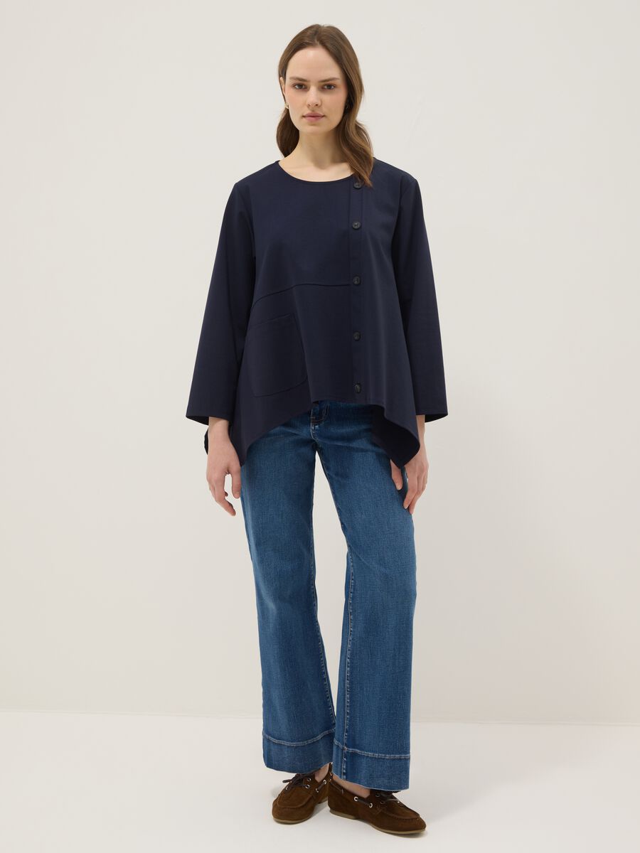 Blusa blu con bottoni in cotone elasticizzato regular fit_1