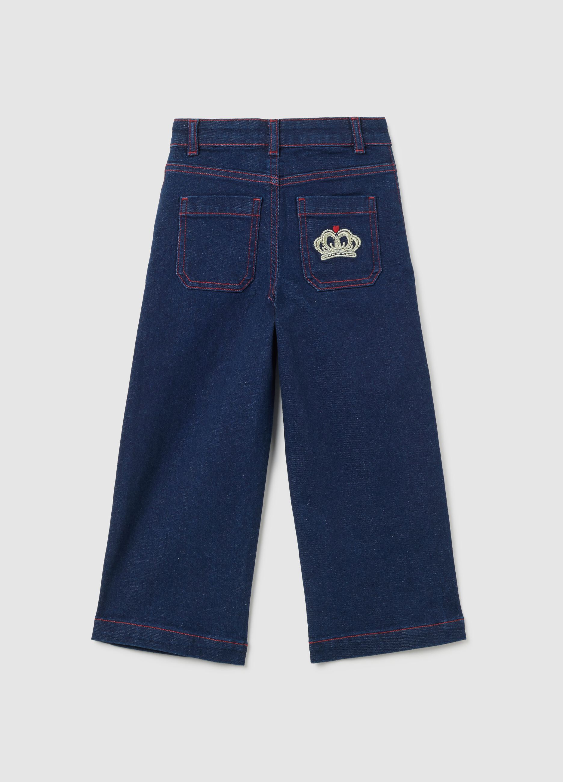 Girls' blue denim culotte pants with embroidery