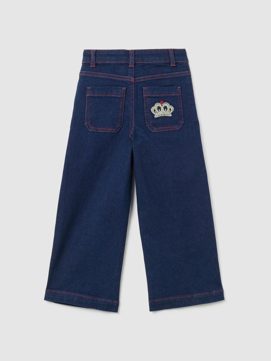 Girls' blue denim culotte pants with embroidery_1