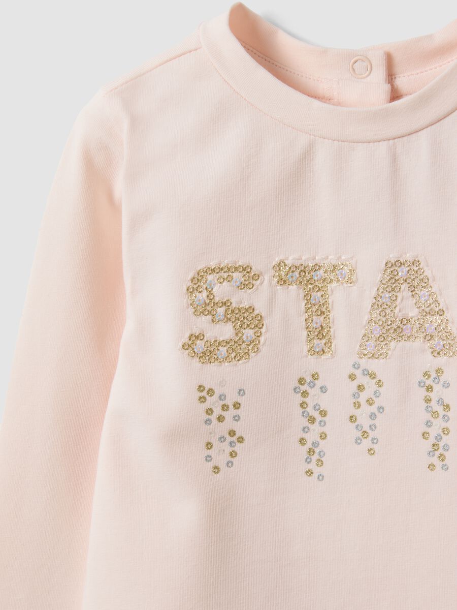 Orange organic cotton T-shirt with sequin slogan for baby girl_2