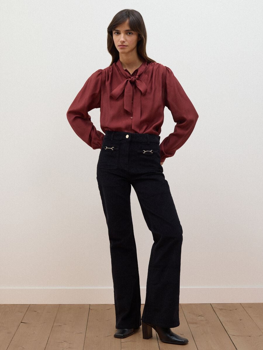 Black ribbed stretch-cotton flared trousers_0