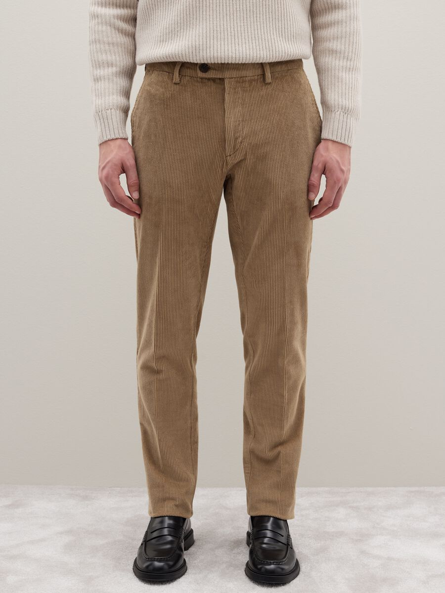 Beige Stretch Cotton Regular Fit Trousers_1