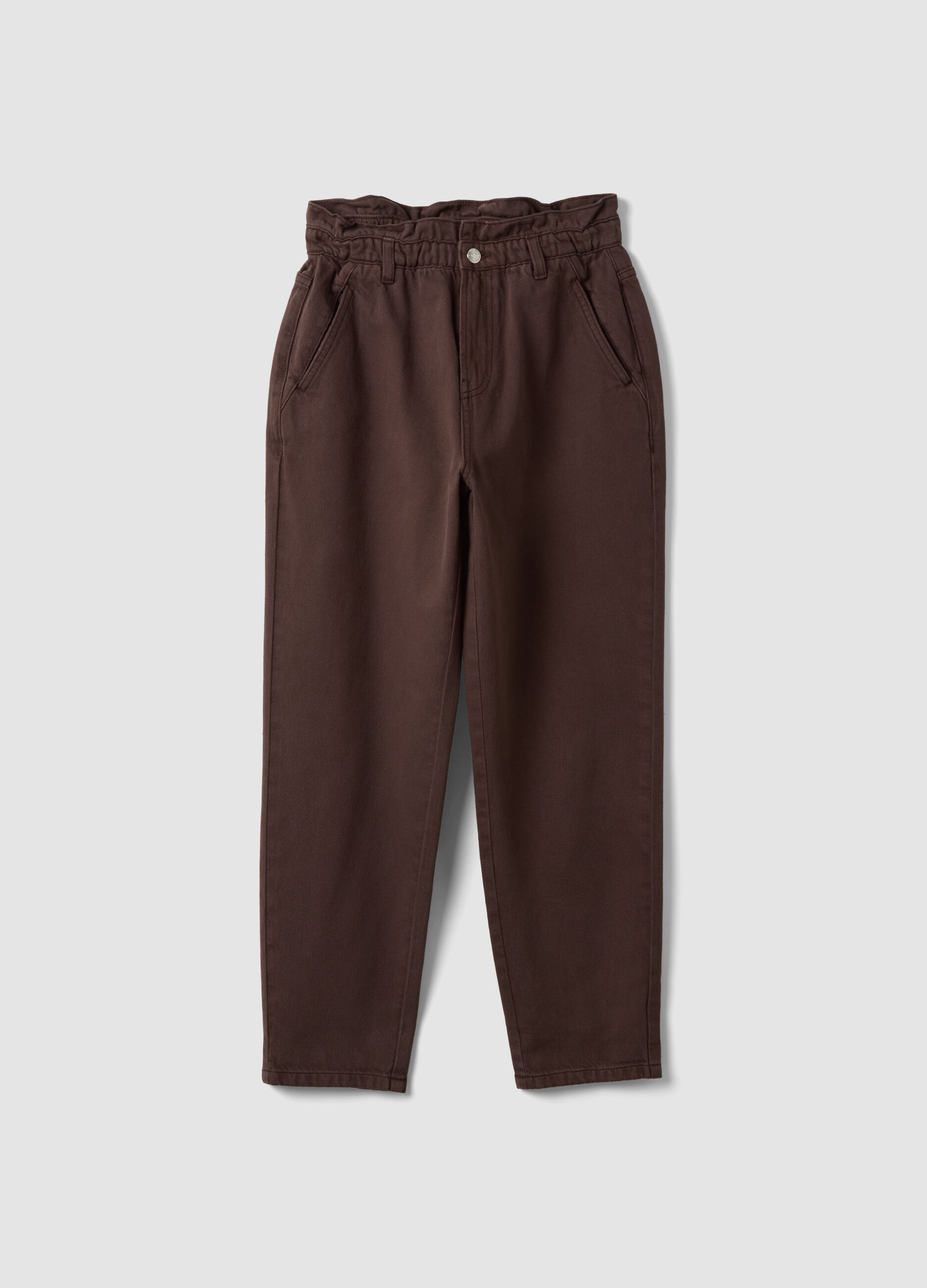 Brown baggy-fit pure cotton denim jeans with paperbag waist