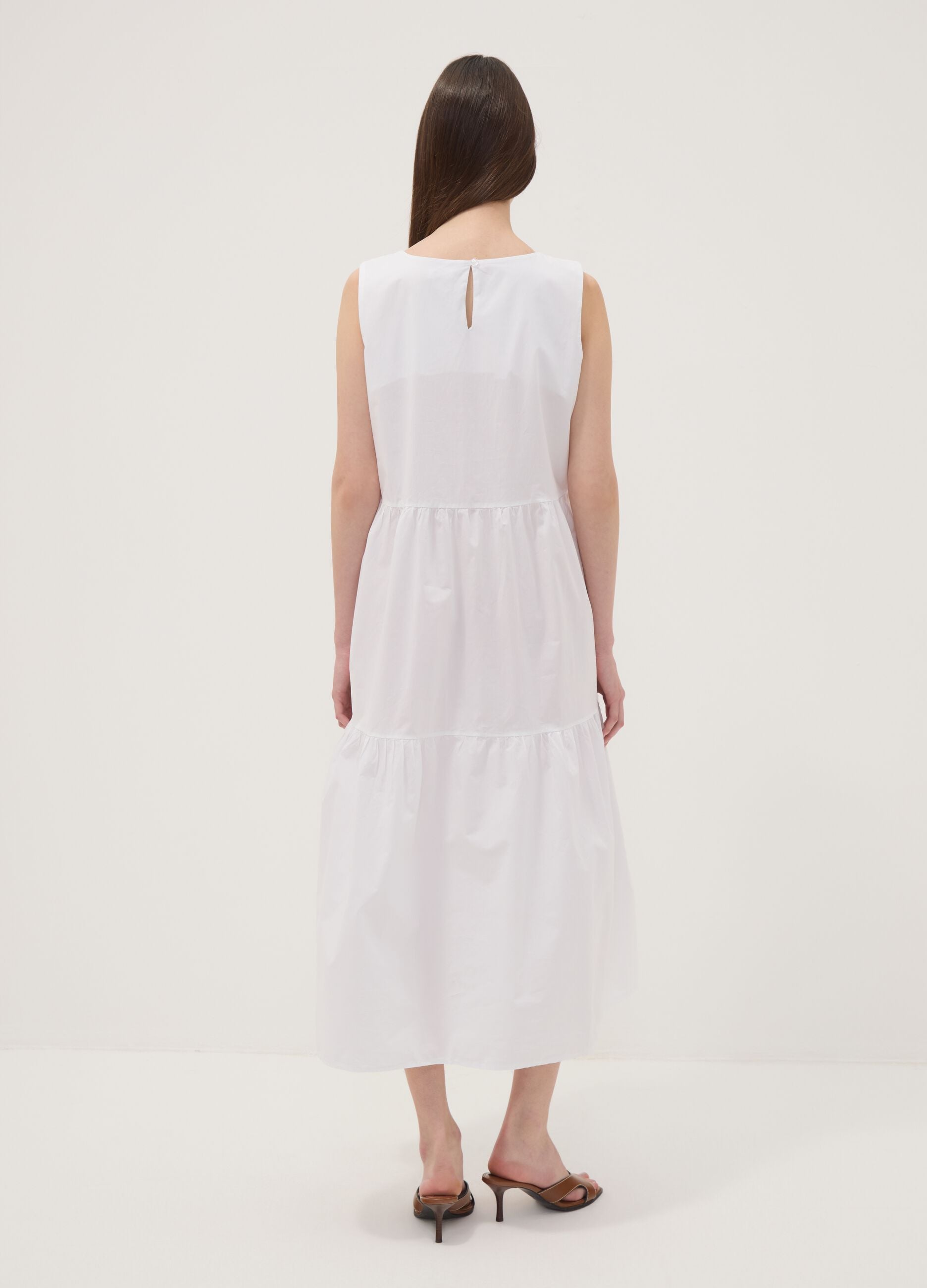 White sleeveless pure cotton tiered dress, regular fit