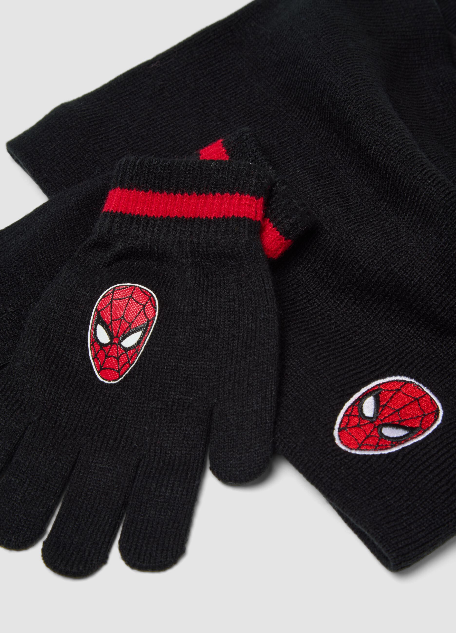 Black Spider-Man hat, neck warmer and gloves set