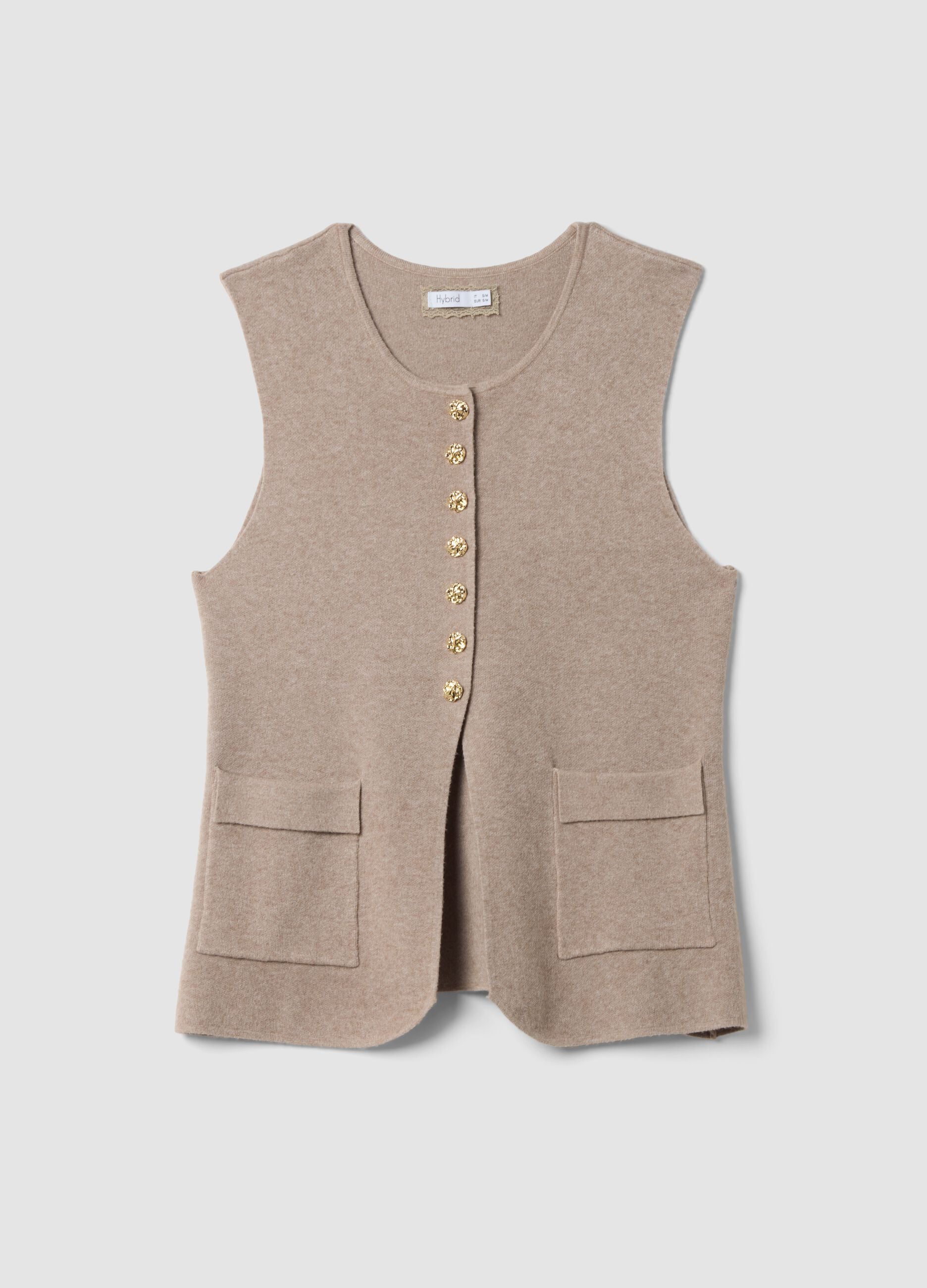 Beige viscose-blend gilet with jewel buttons