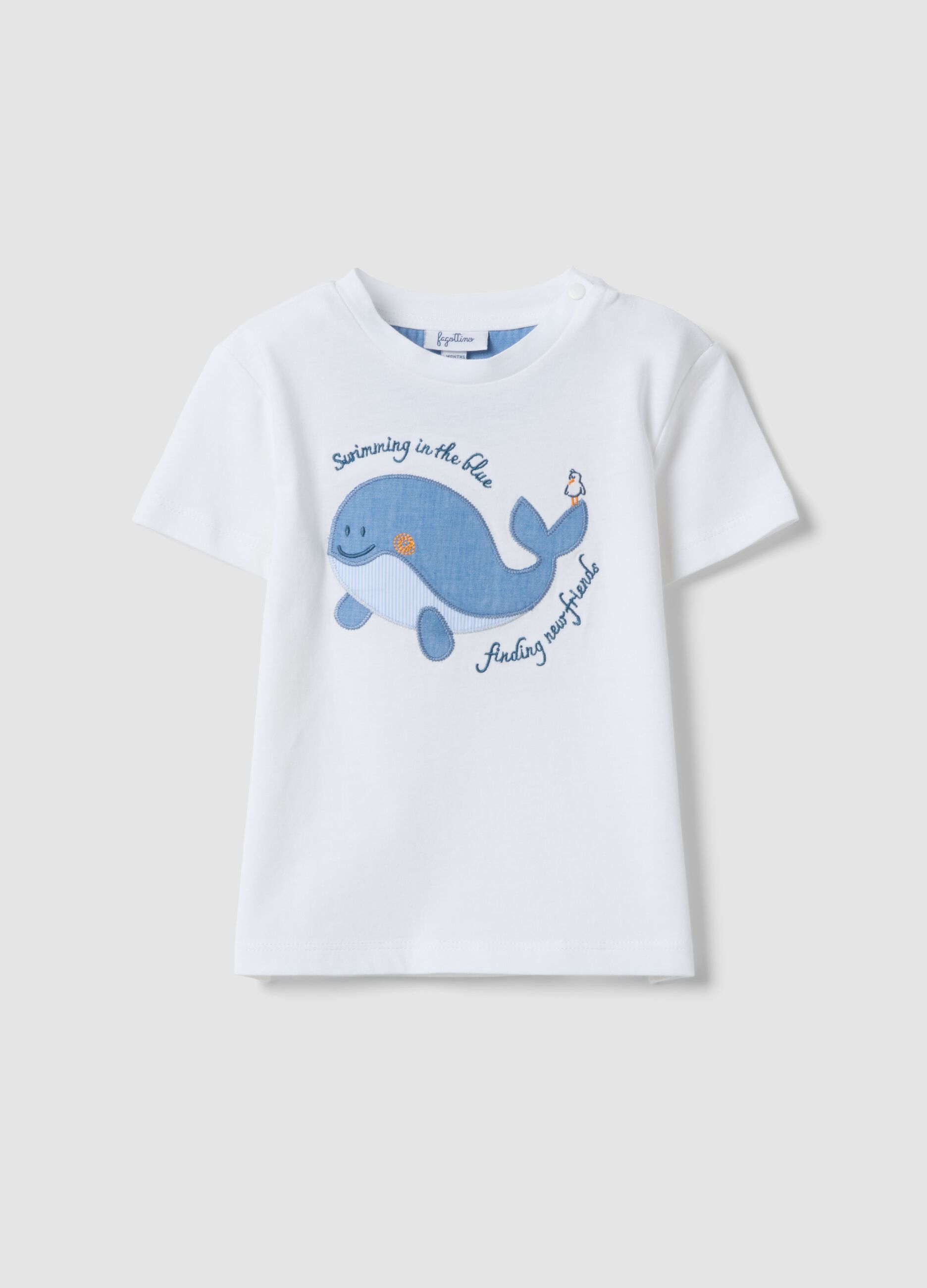 White pure cotton T-shirt with embroidered whale