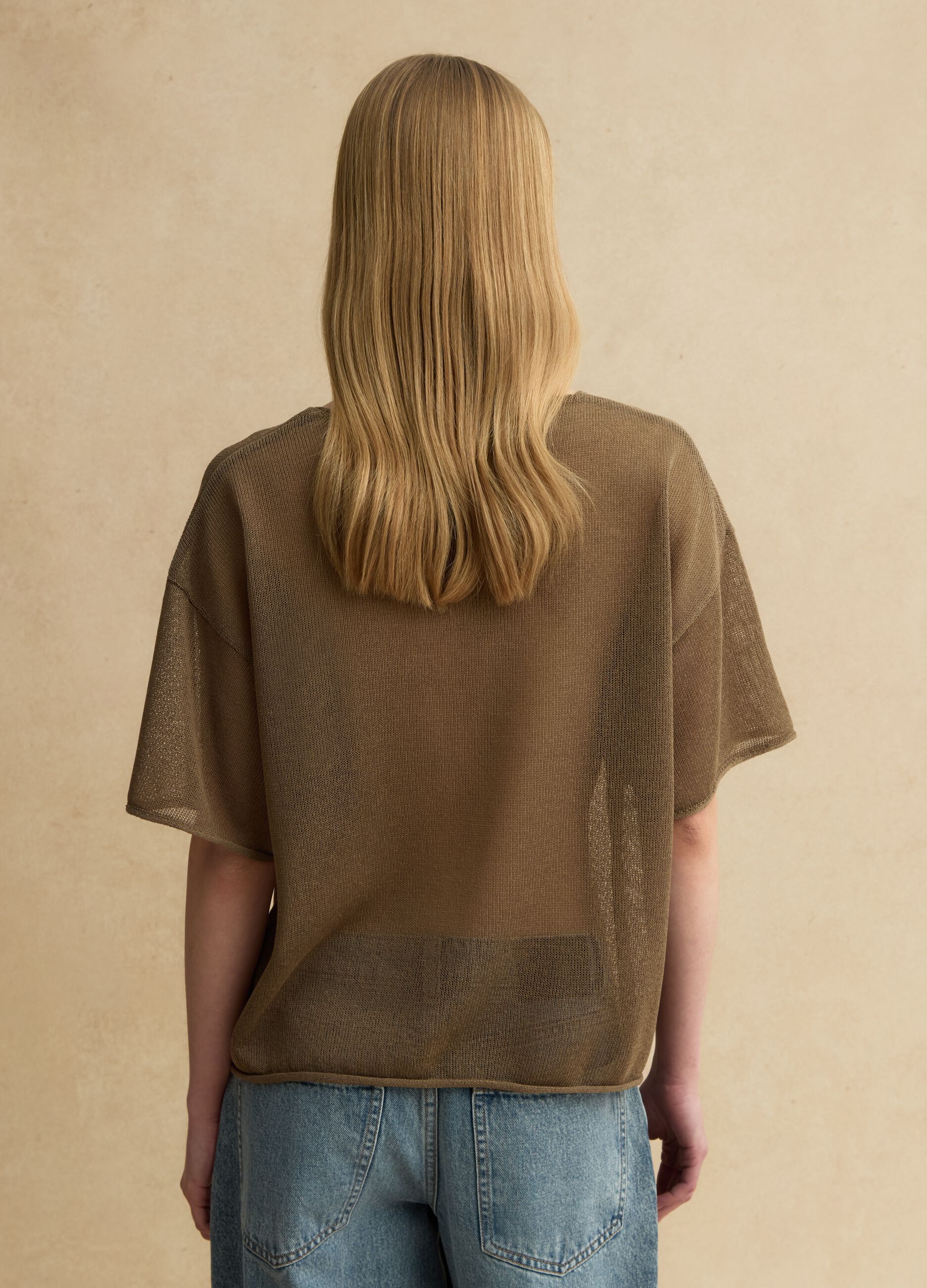 Brown oversized lyocell and linen blend V-neck jumper