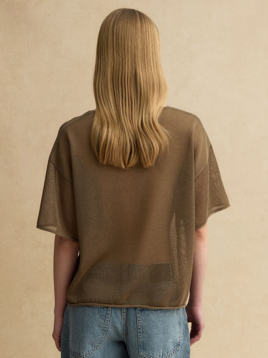 Maglia in misto lyocell e lino marrone oversize fit con scollo a V_3