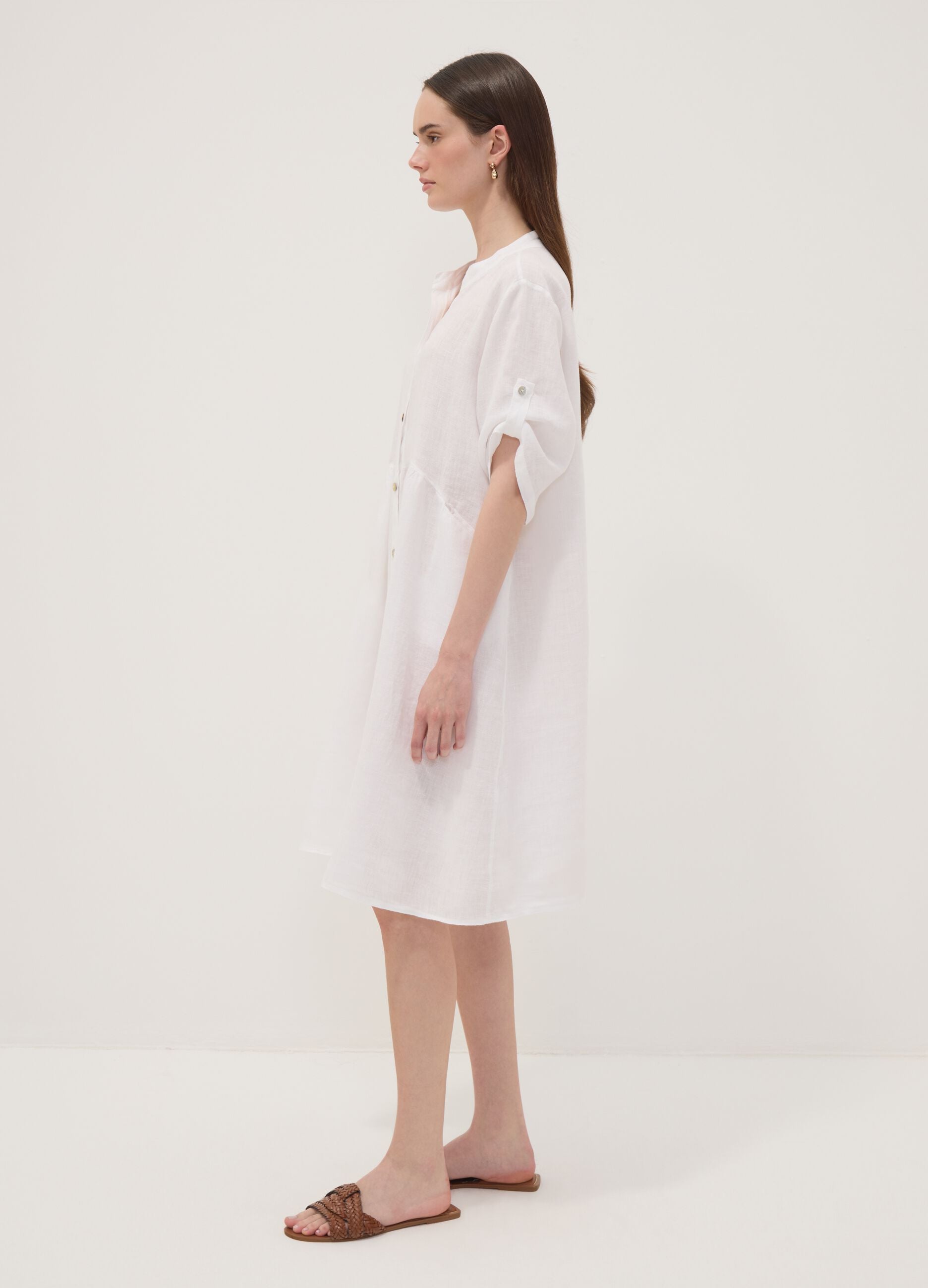 White pure linen dress with Mandarin collar, regular fit