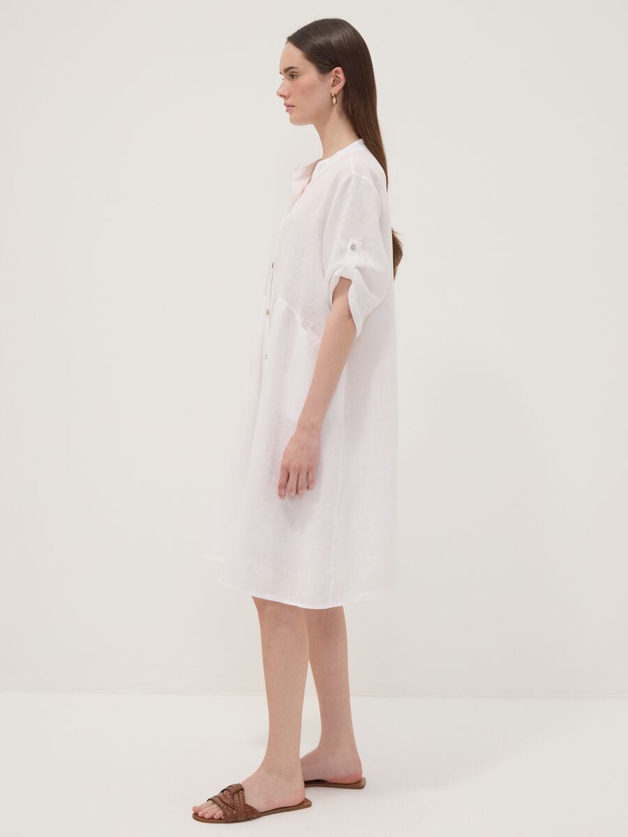 White pure linen dress with Mandarin collar, regular fit_1