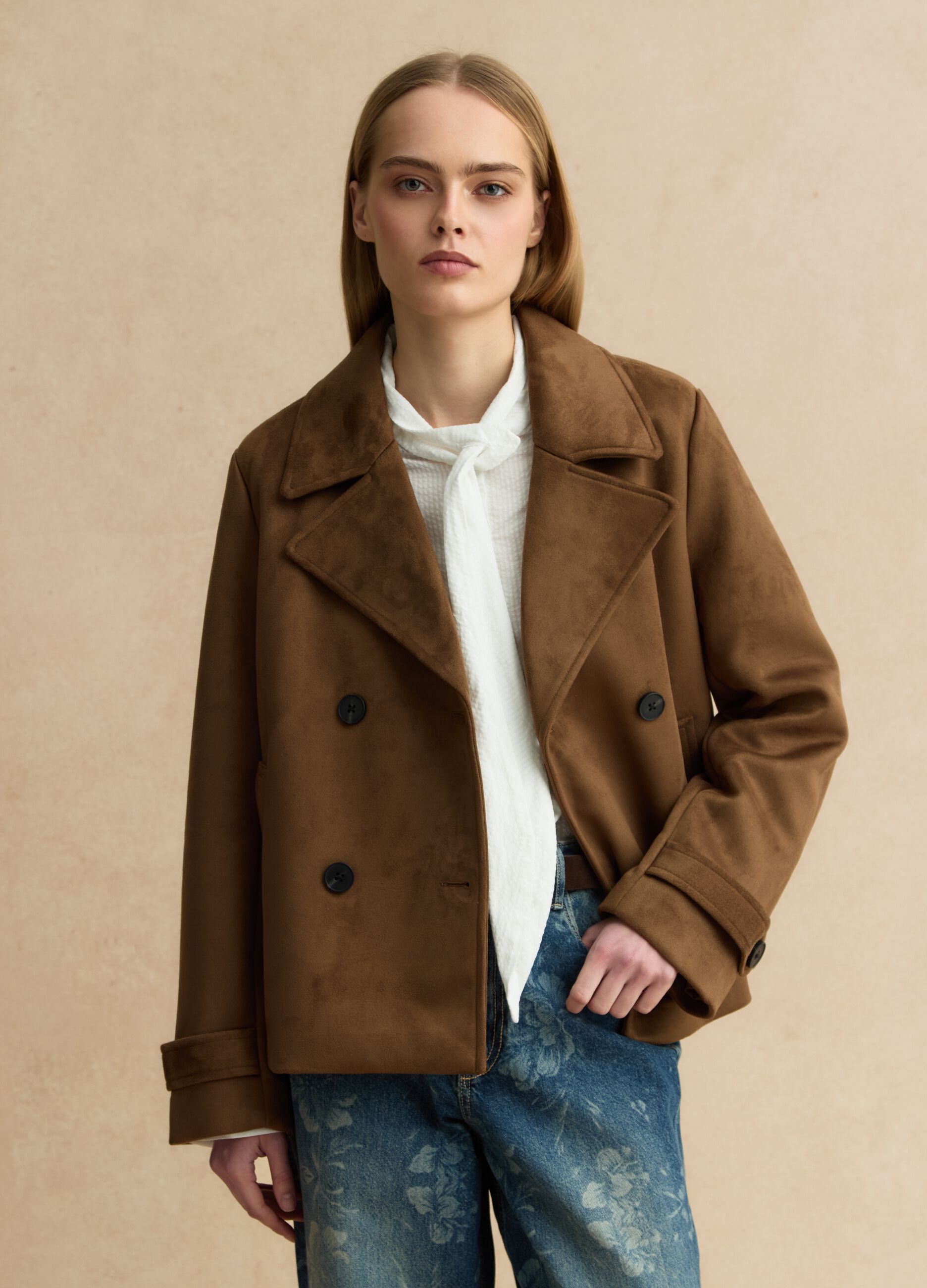 Brown double-breasted regular fit peacoat with pockets