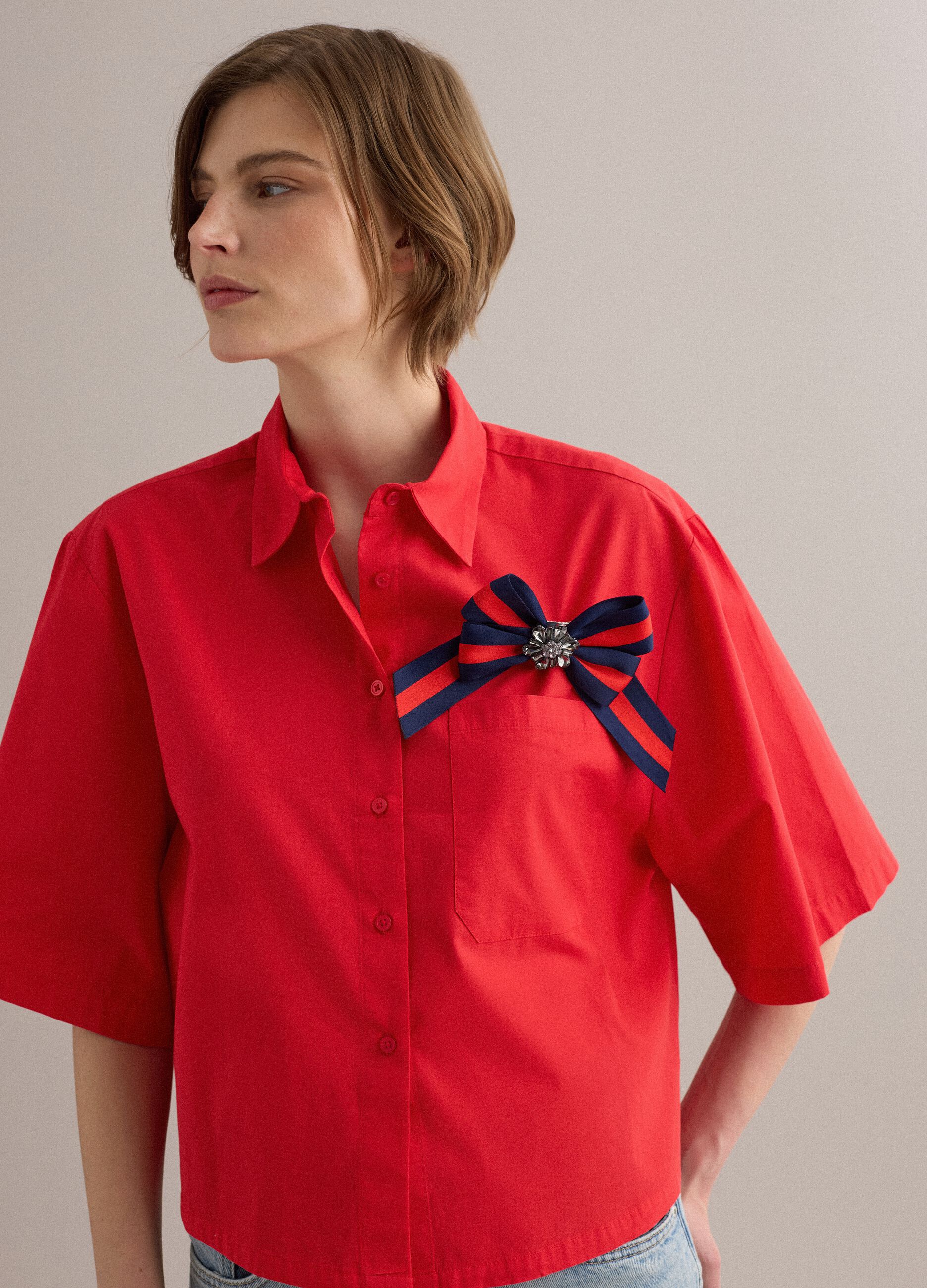 Red pure cotton shirt with chest pocket, oversized fit